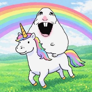 Blobby cartoon creature riding a rainbow unicorn, mouth wide with pure glee