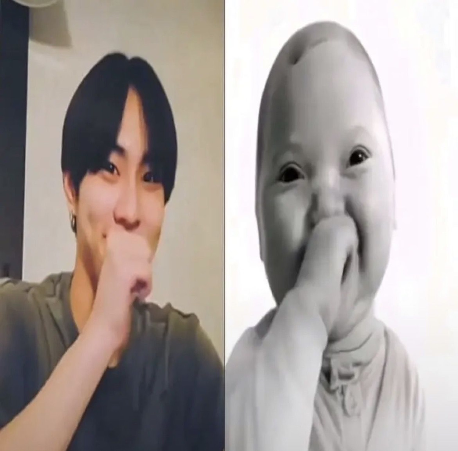 Young man giggling into his fist beside a squishy-faced baby doing the exact same pose
