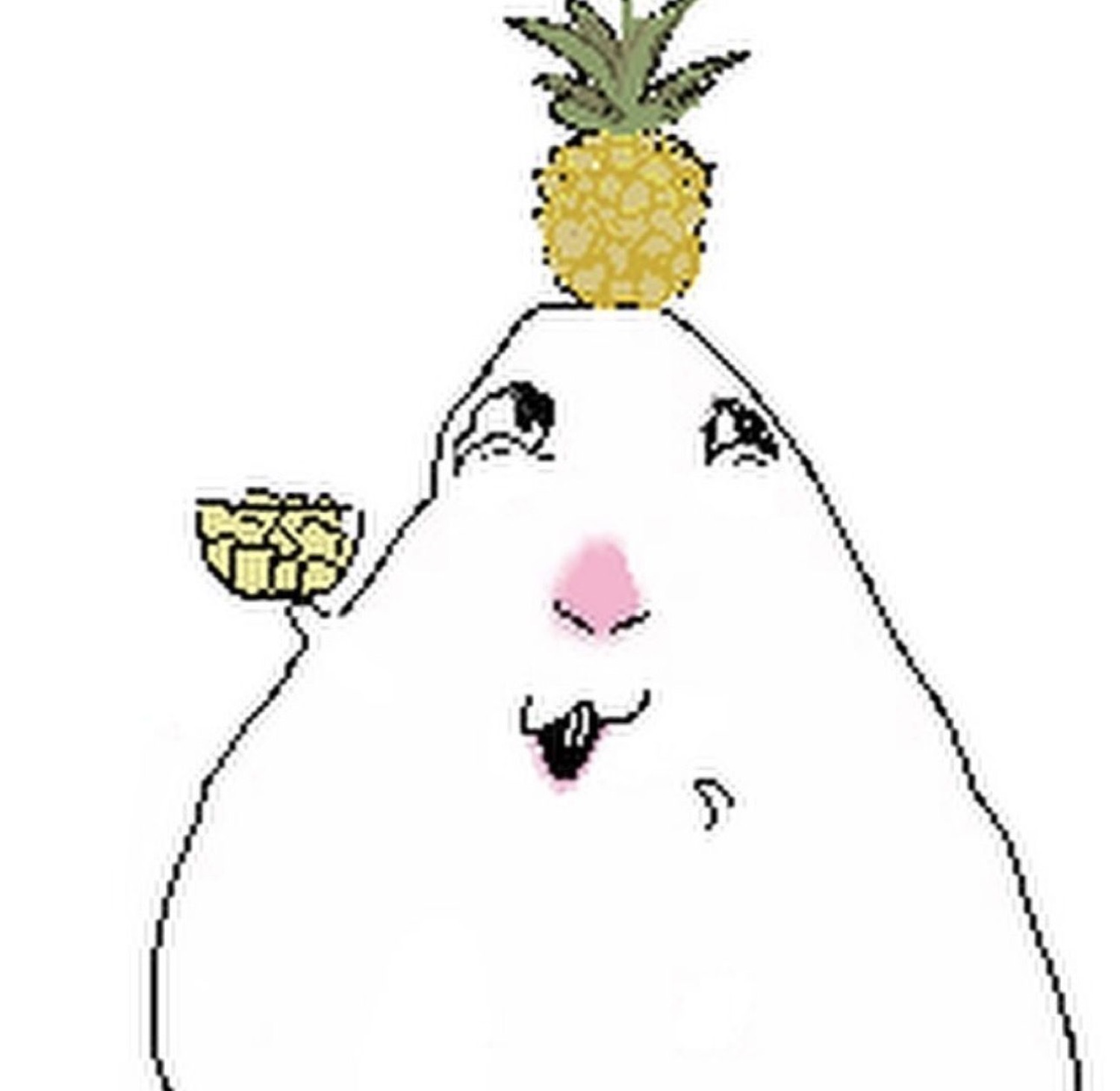 Crudely drawn blob with a pineapple balanced on its head, holding a bowl of chunks