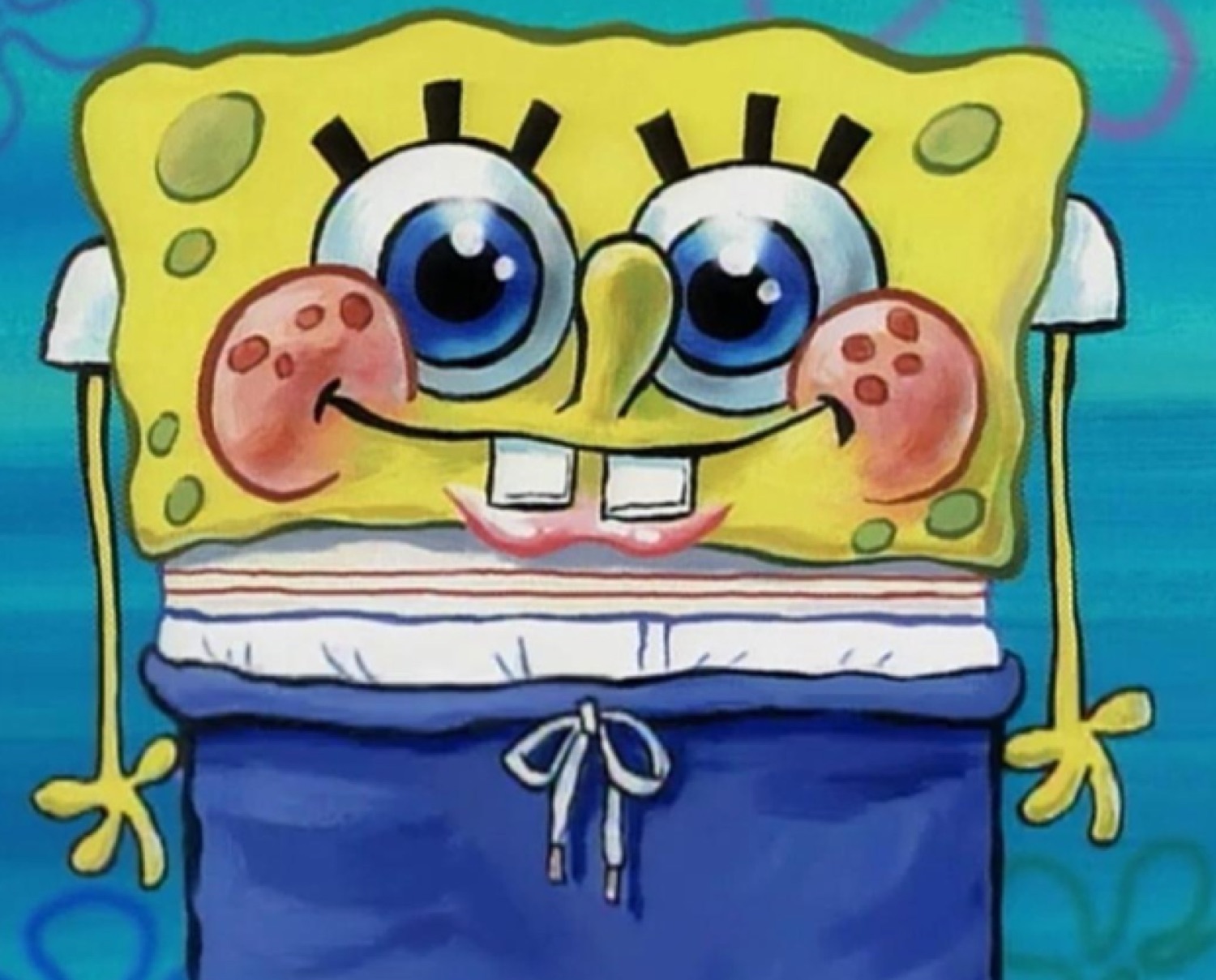 SpongeBob blushing hard with a bashful closed-lip smile