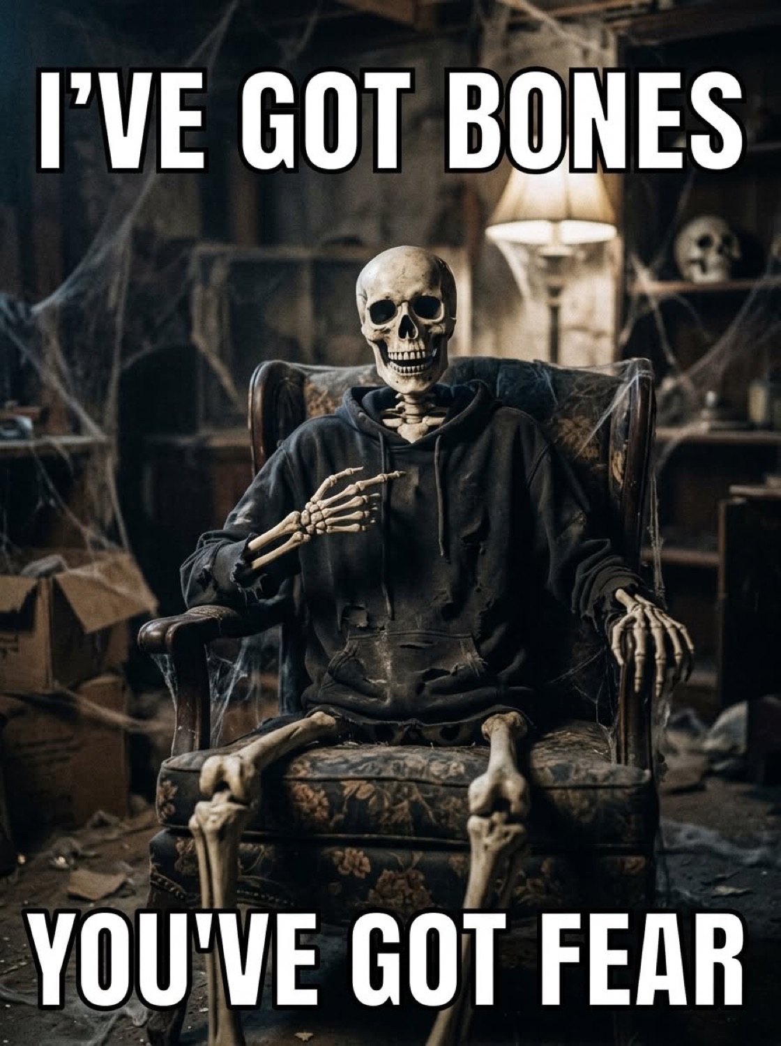 Skeleton sitting in an armchair surrounded by cobwebs under 'I'VE GOT BONES YOU'VE GOT FEAR'