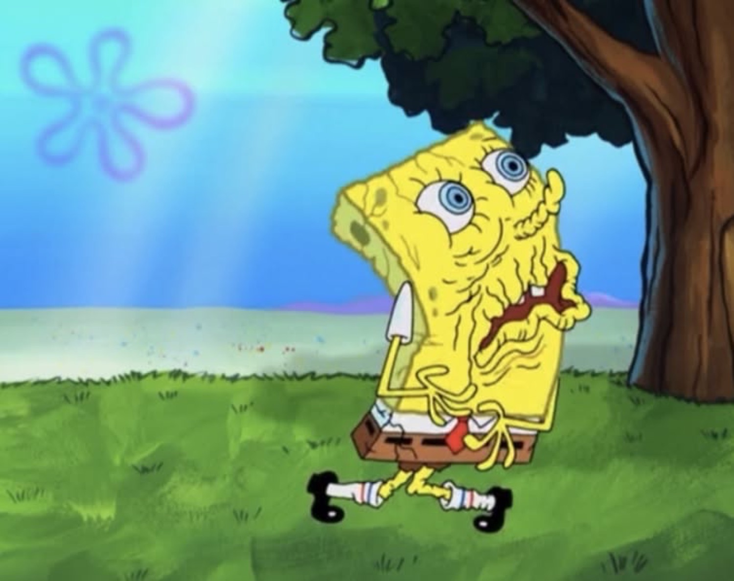 SpongeBob looking disheveled and panicked, running outside in a frenzy