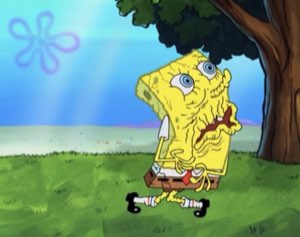 SpongeBob looking disheveled and panicked, running outside in a frenzy