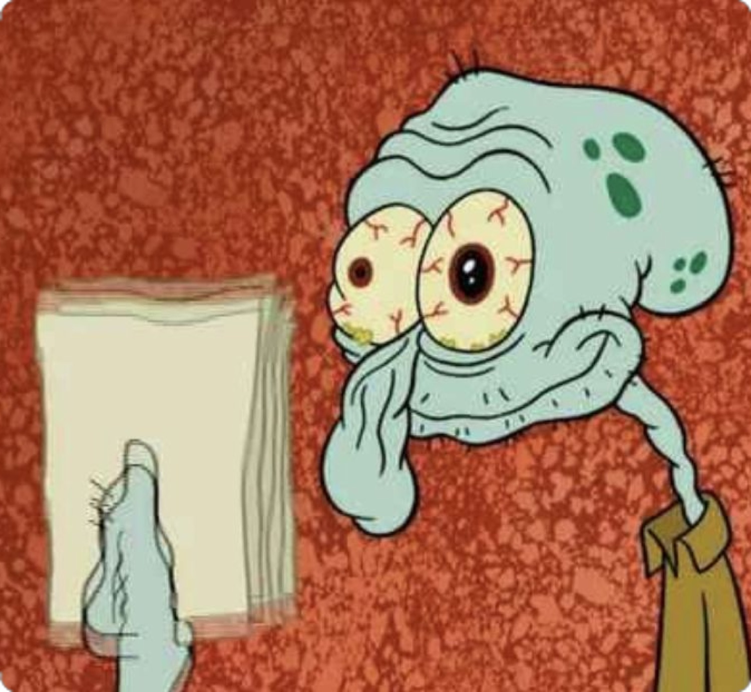 Squidward holding a paper with enormous bloodshot bulging eyes in total horror