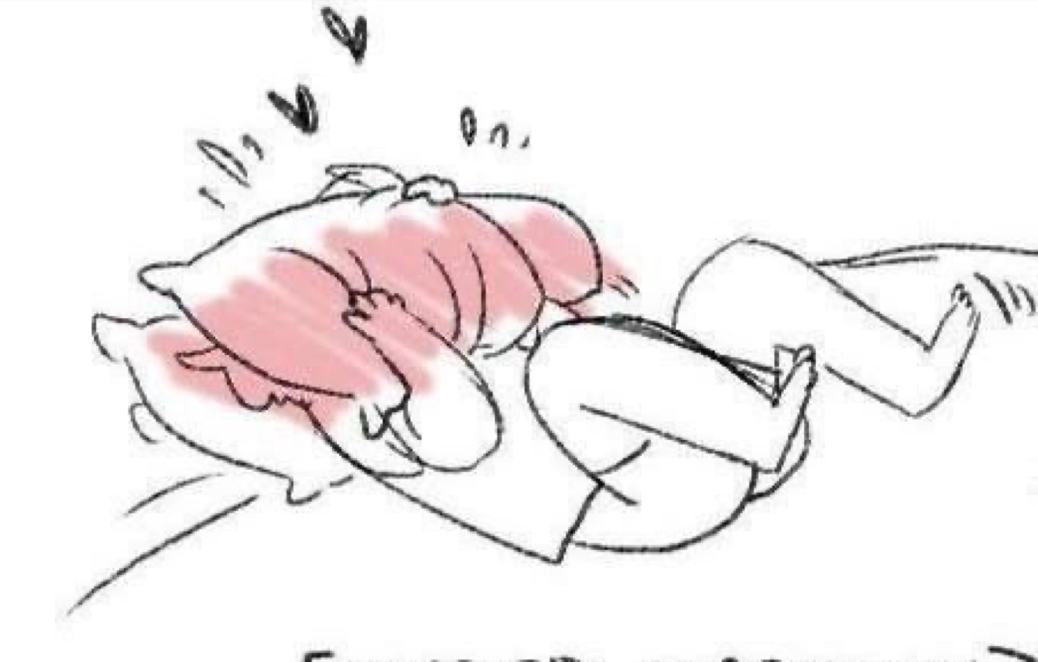 Cartoon character face-down burying themselves into a pink pillow, overwhelmed with embarrassment