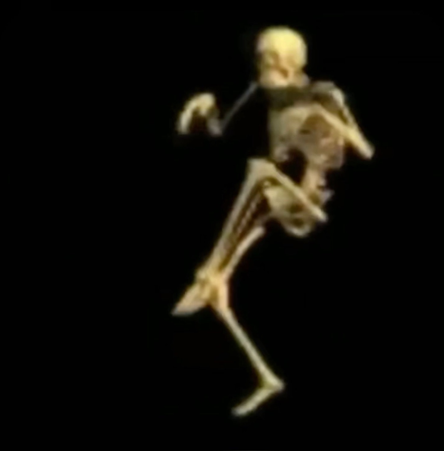 Spooky scary skeleton dancing mid-kick on black