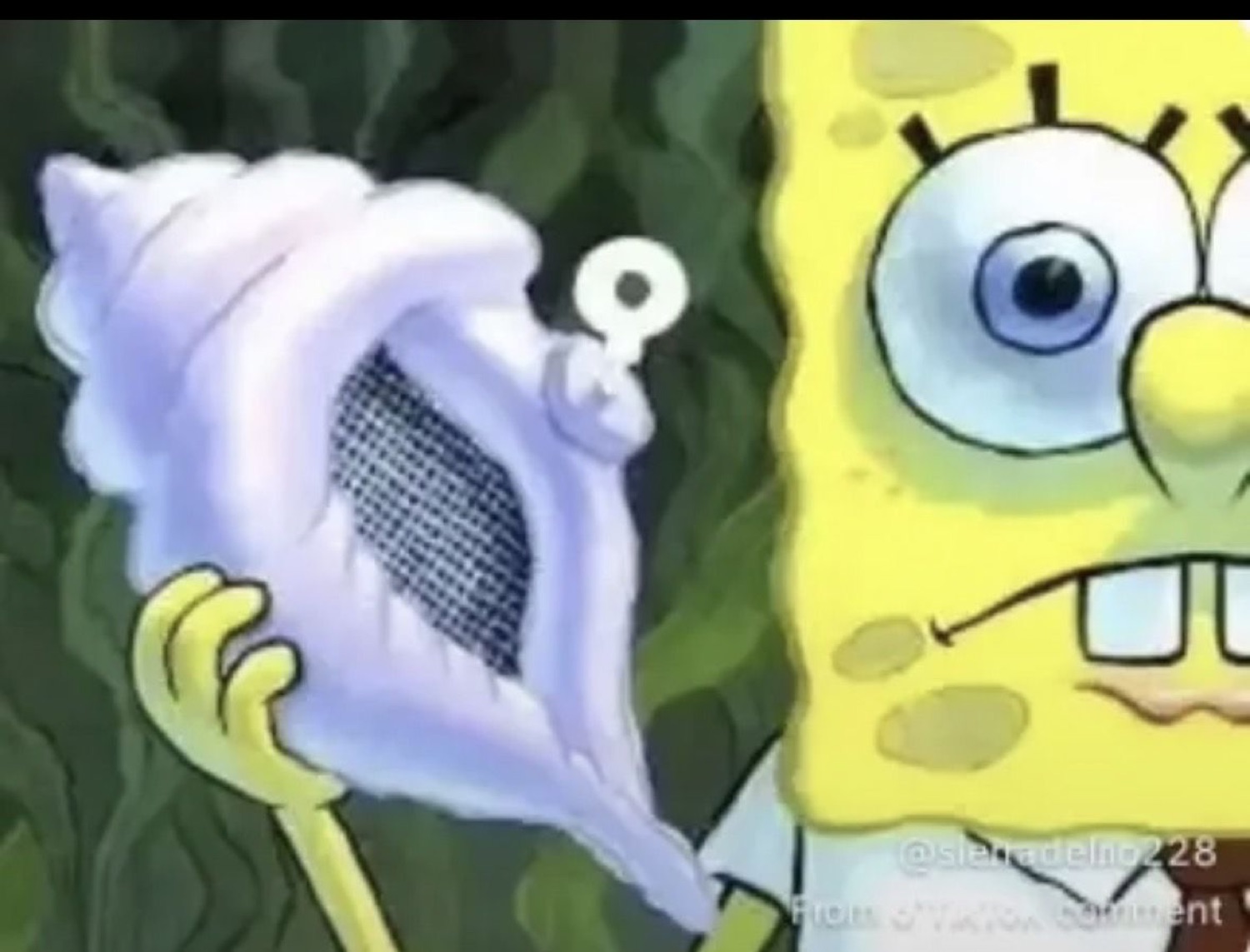 SpongeBob anxiously holding a conch shell to his ear
