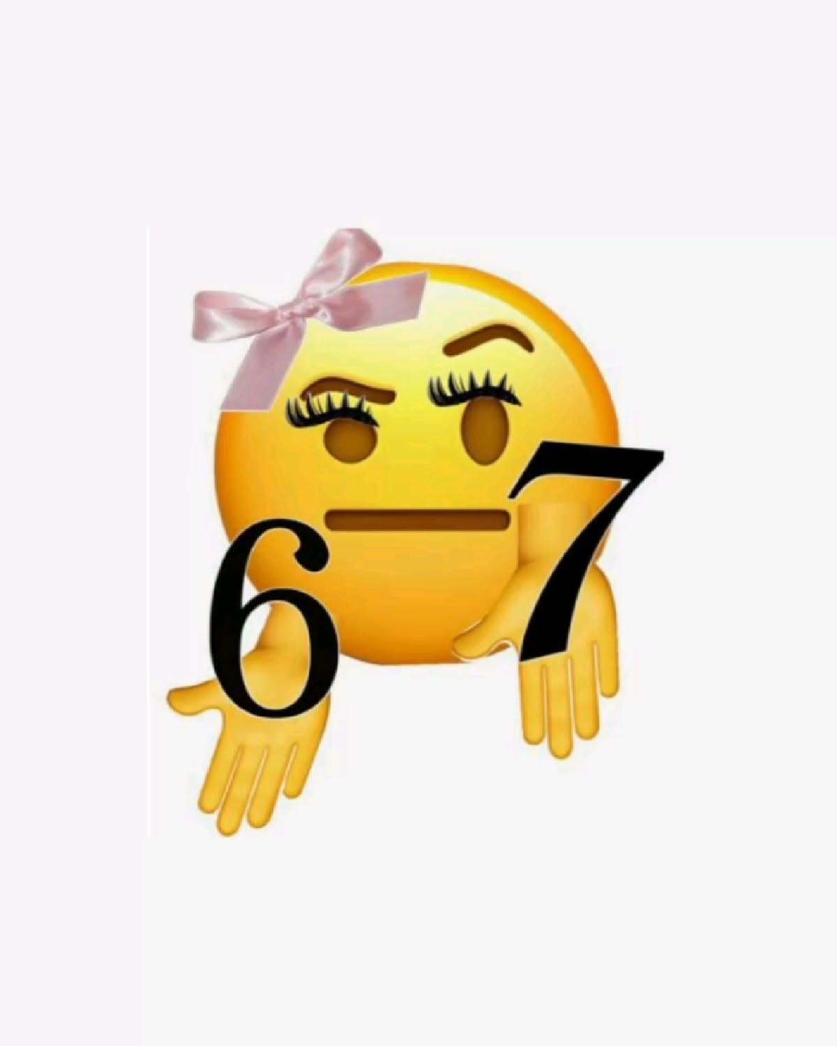 Emoji with a pink bow and raised eyebrow holding up '6' and '7'