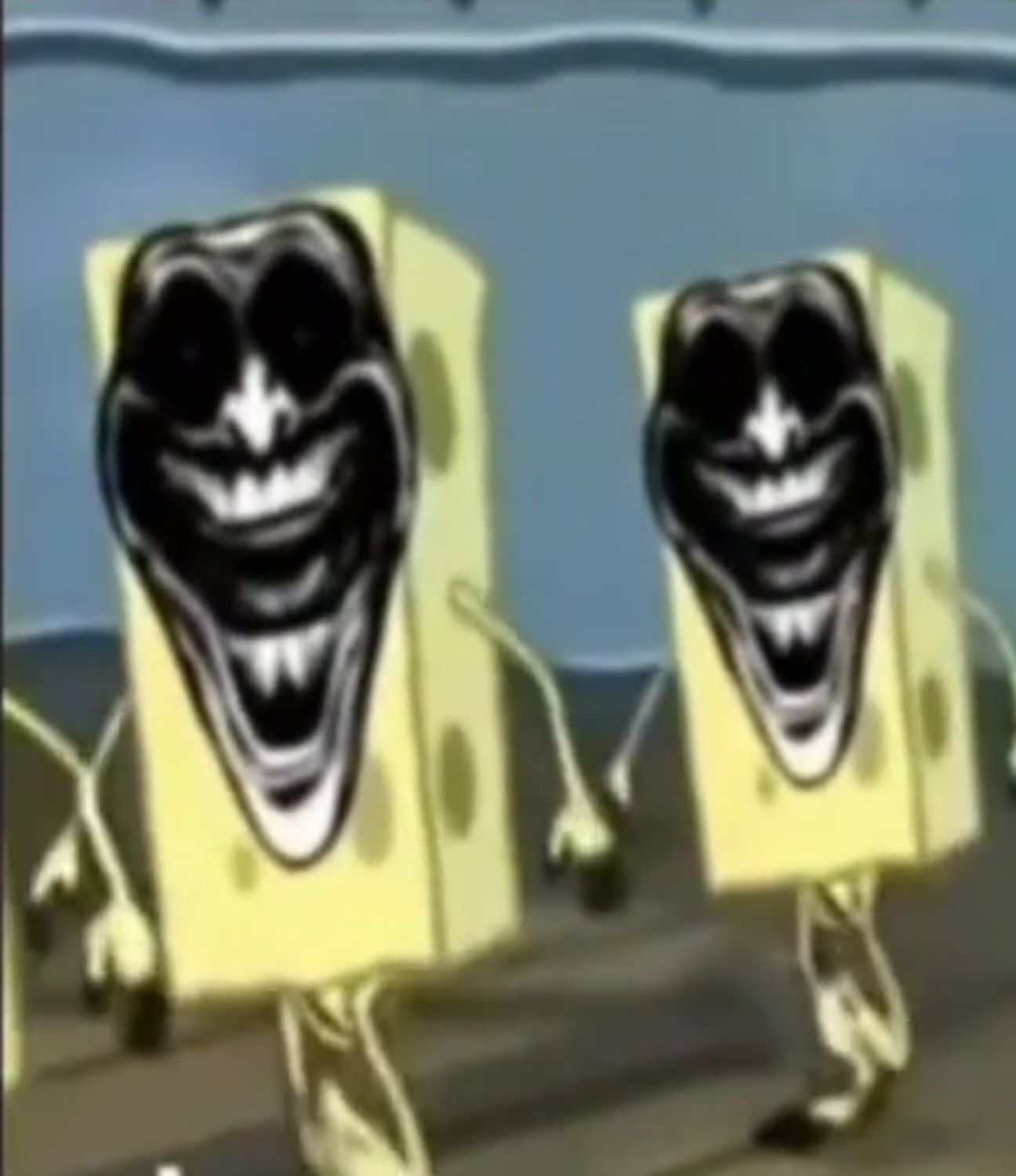 Two distorted SpongeBobs with black trollface grins walking side by side