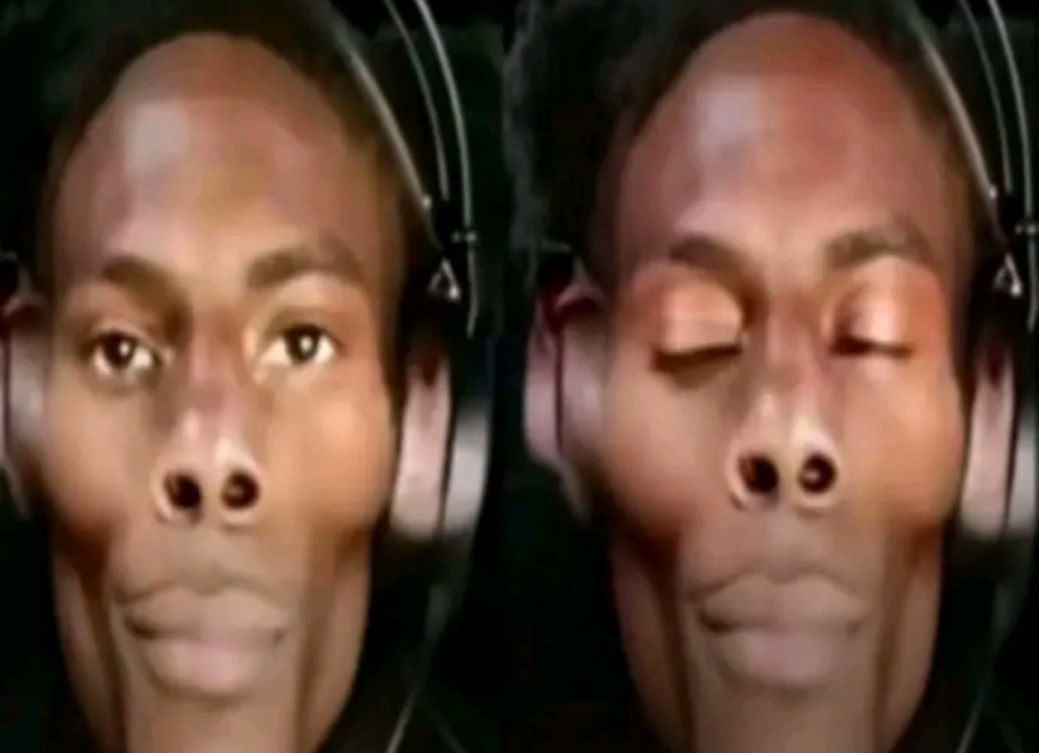 Side-by-side of a man with headphones staring blankly then closing his eyes in total boredom