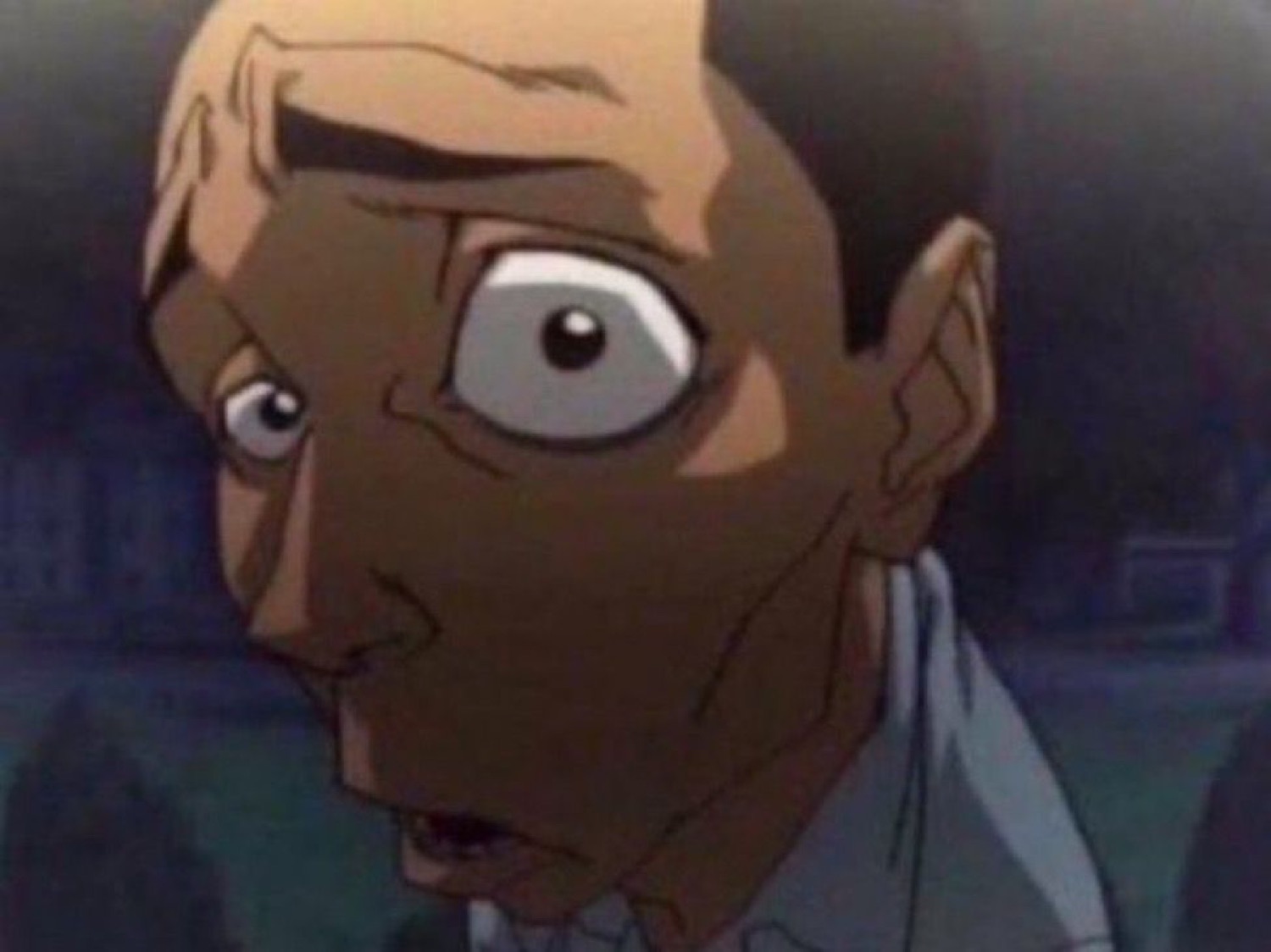 Anime character with one bulging wide eye and a stunned, unhinged expression