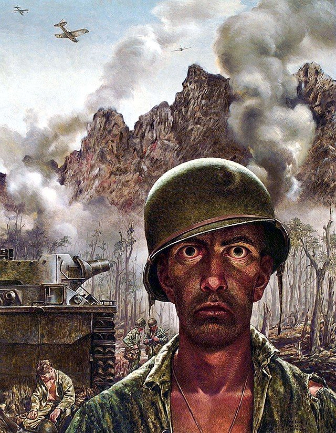 Painting of a wide-eyed soldier giving a haunted thousand-yard stare amid battle