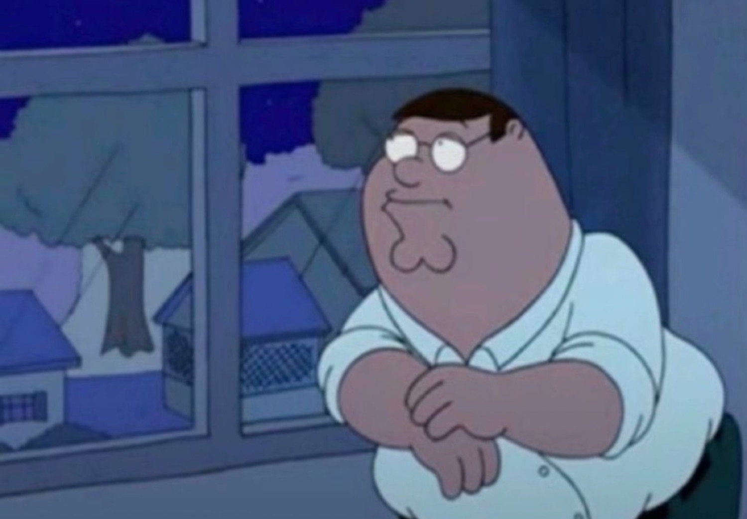 Peter Griffin leaning on a windowsill at night with a wistful, brooding stare
