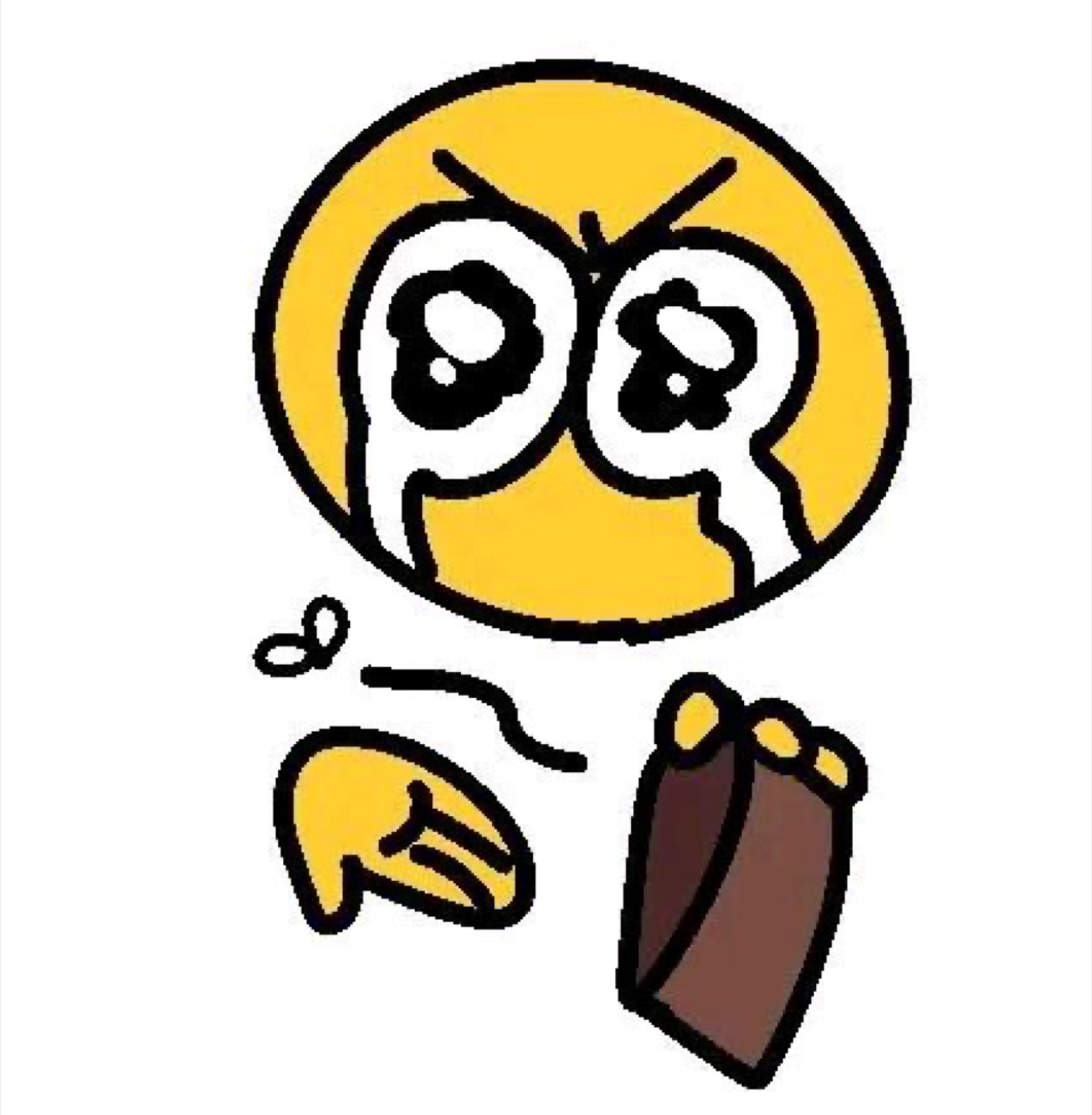 Cursed hand-drawn emoji with angry teary eyes and its own limbs falling off