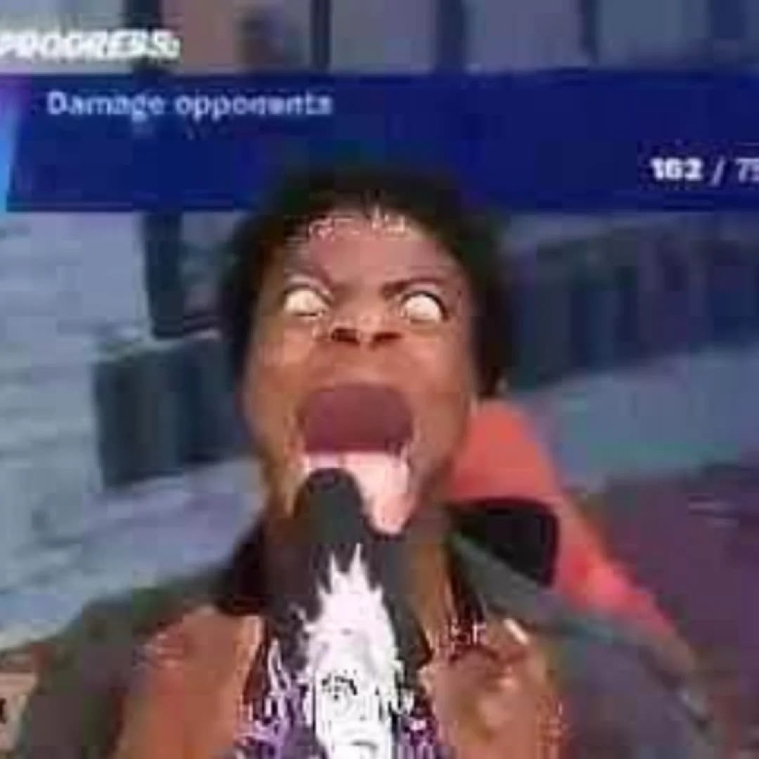 Man screaming with wide eyes and mouth agape while a game progress bar tracks damage
