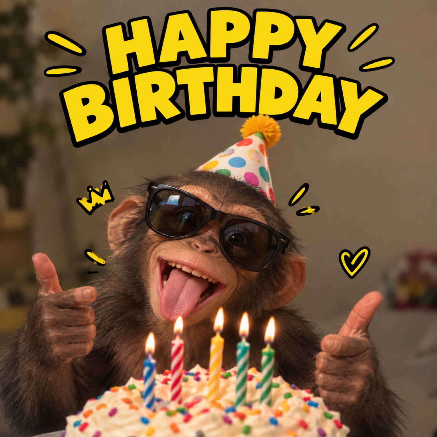 Chimp in sunglasses sticking its tongue out and giving two thumbs-up behind a cake: 'HAPPY BIRTHDAY'