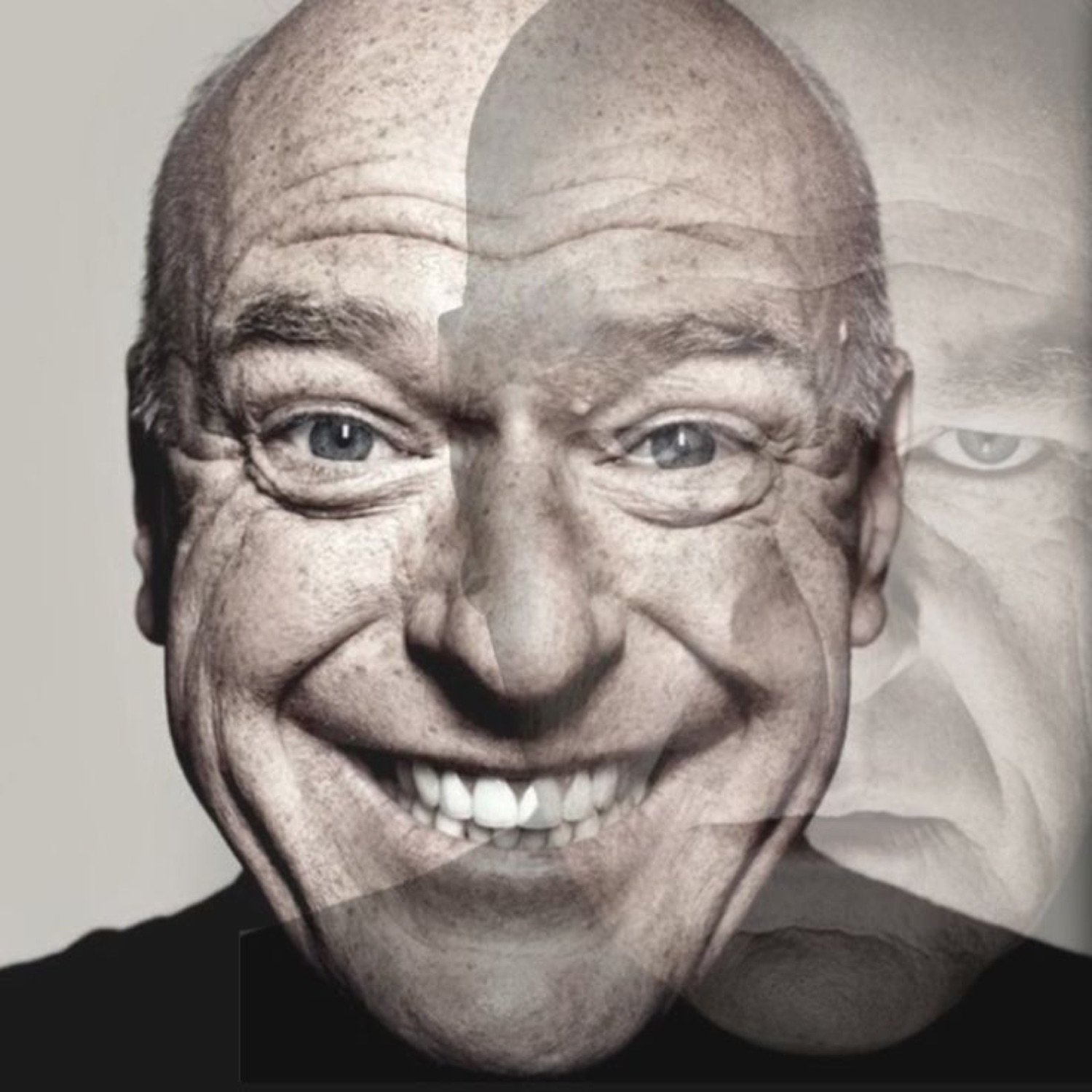 Double-exposed portrait of a smiling bald man morphing into a suspicious side-glance