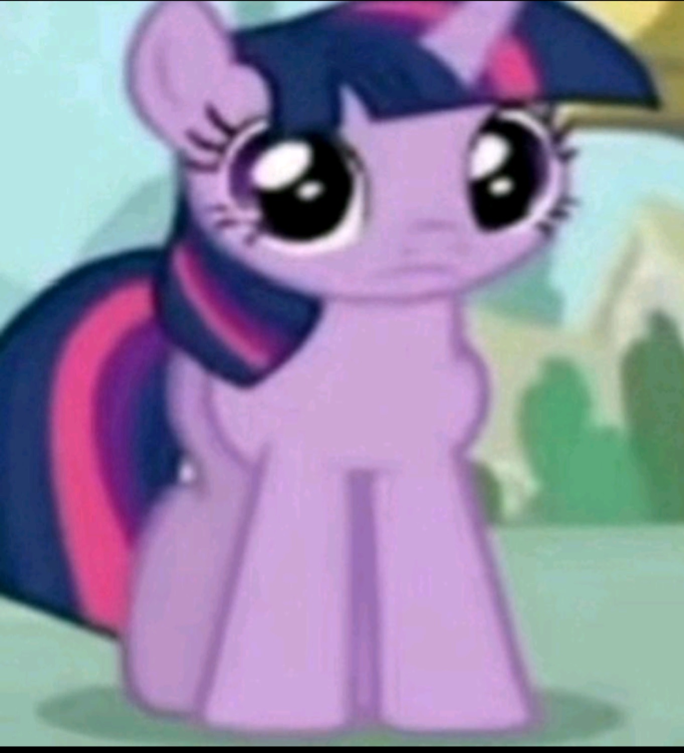 Twilight Sparkle standing with a stiff, wide-eyed nervous little smile