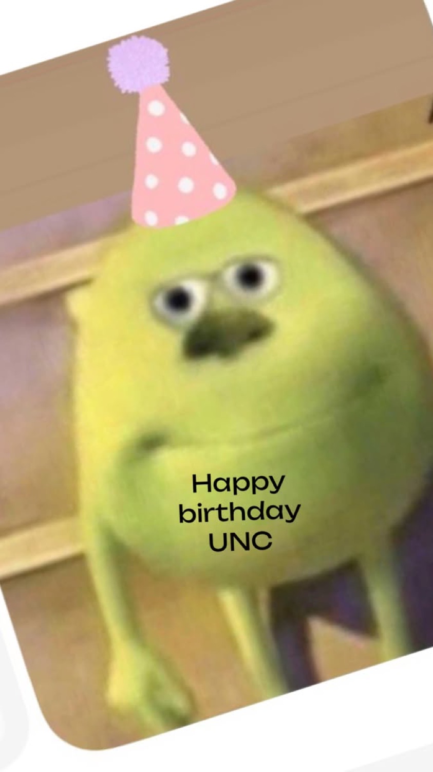Mike Wazowski-shaped green blob in a party hat: 'Happy birthday UNC'
