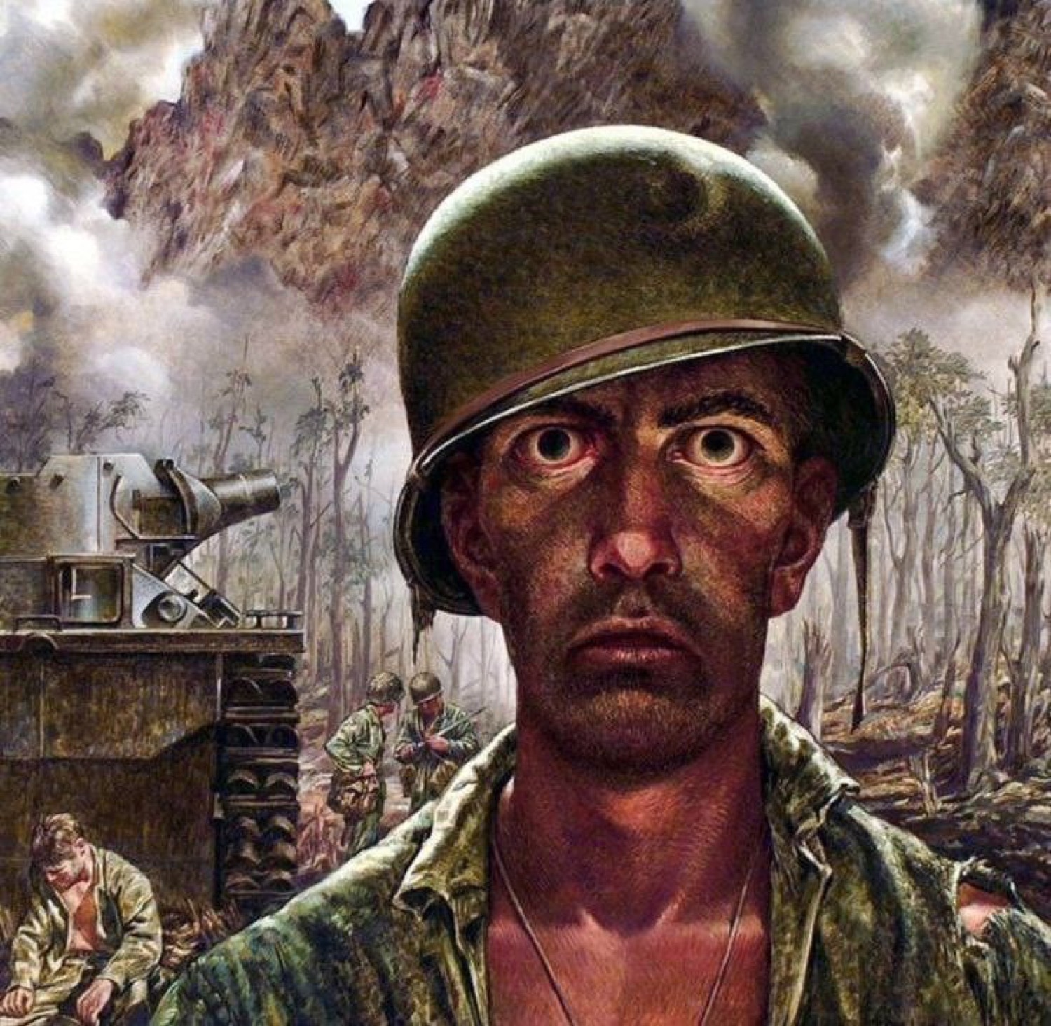 Illustrated WWII soldier with hollow shell-shocked eyes staring out of a war-torn painting