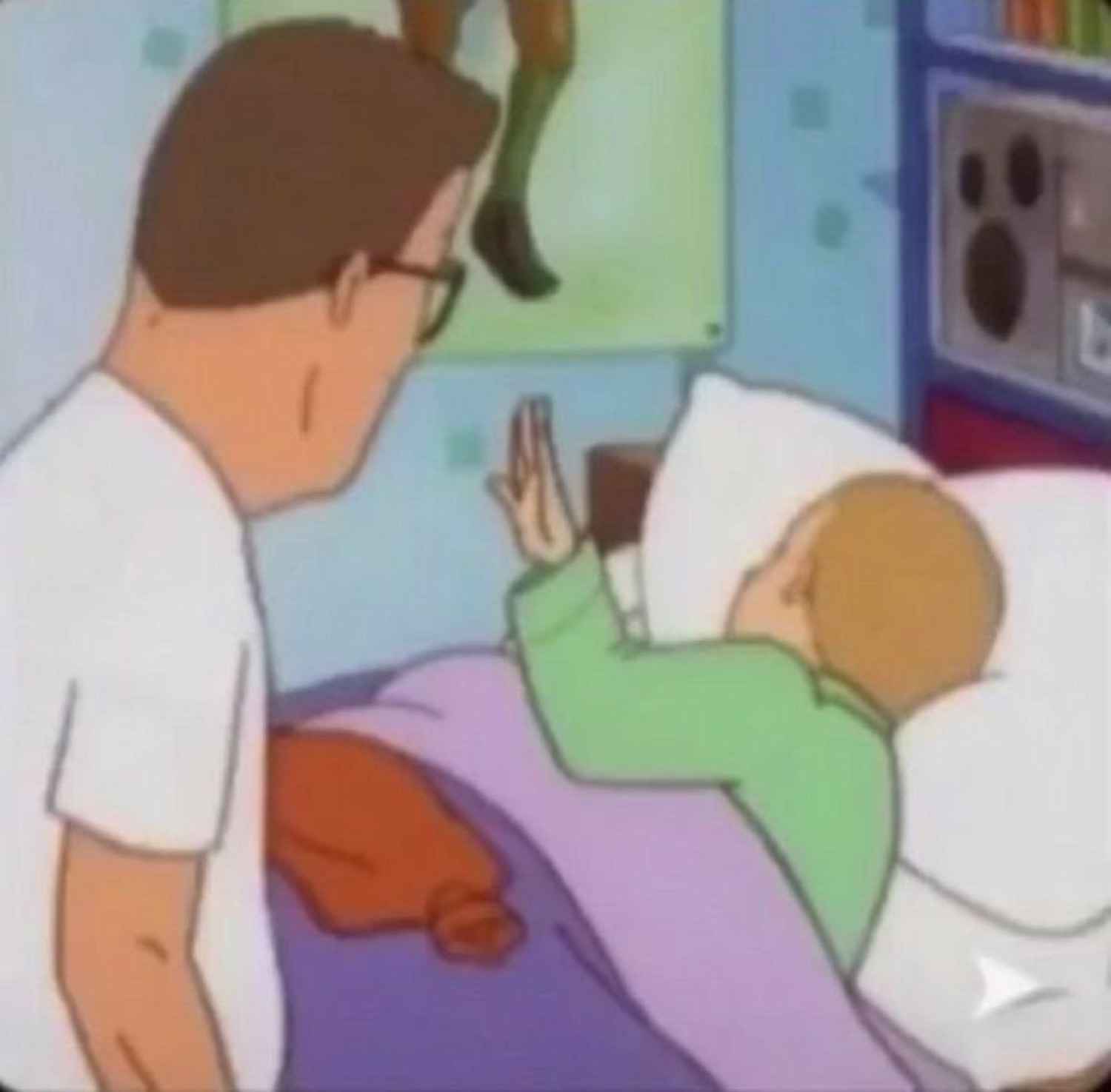 Hank Hill from King of the Hill leaning over a crib as the baby raises a hand to wave