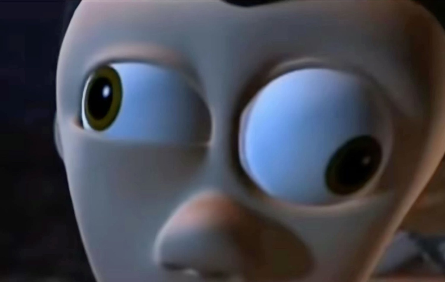 Wall-eyed 3D cartoon face with eyes pointing in different directions, dazed and confused
