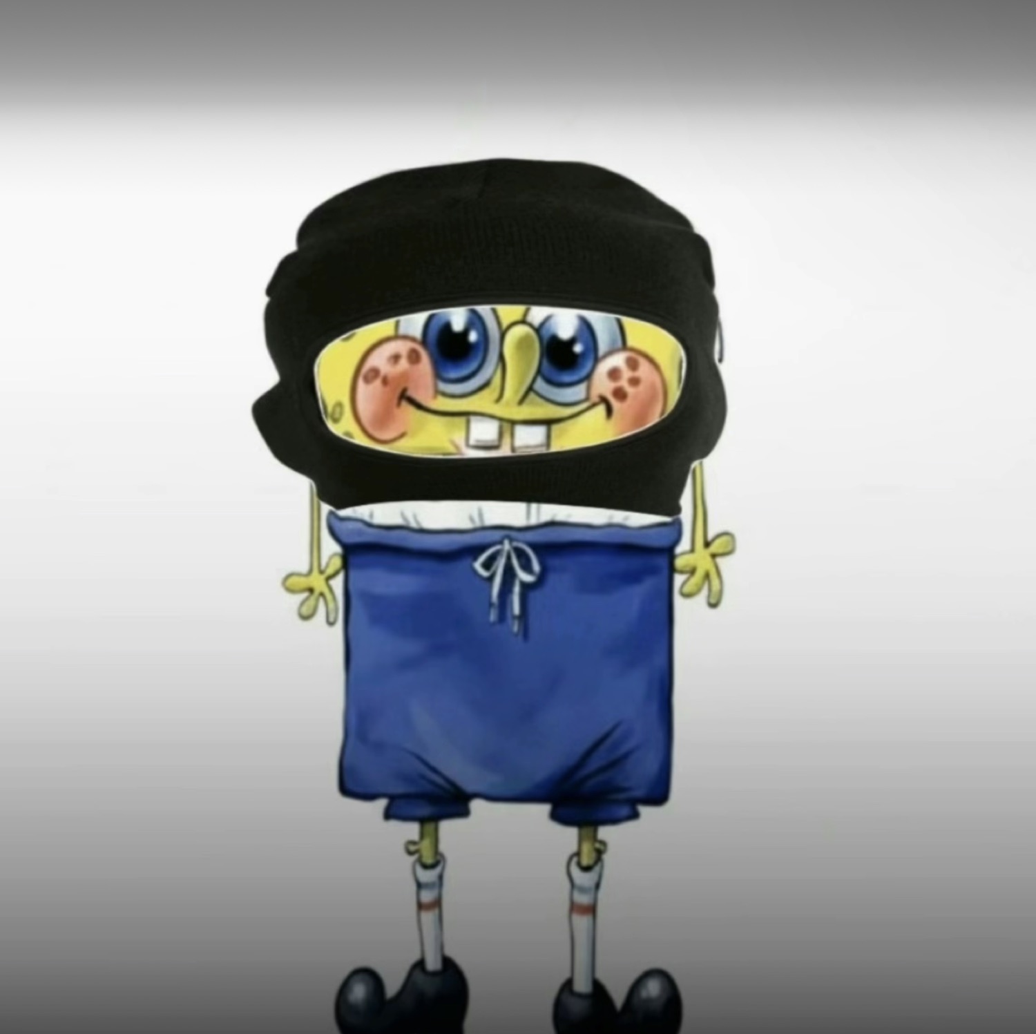 SpongeBob edited to wear a black ski mask over his face while grinning