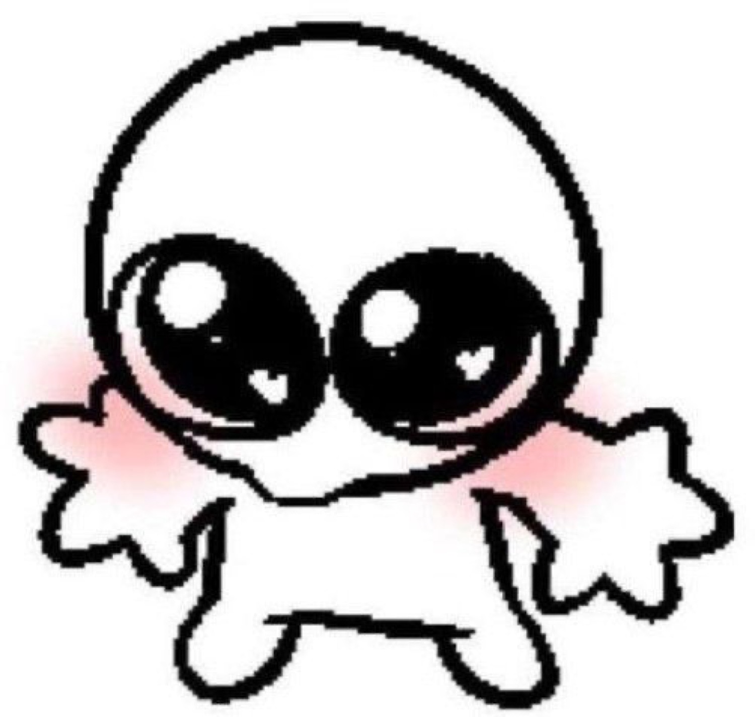 Tiny cartoon alien creature with big eyes and pink cheeks looking cute and eager