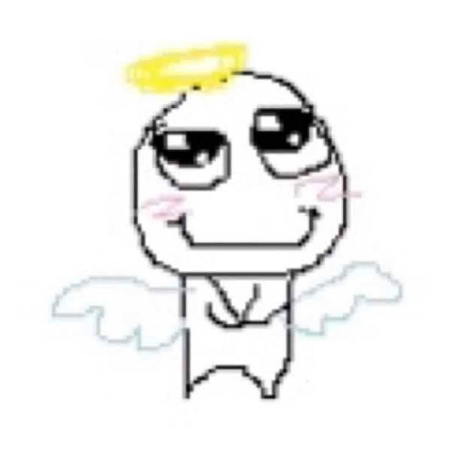 Cute doodle angel character with half-lidded eyes and rosy cheeks giving a sly smile