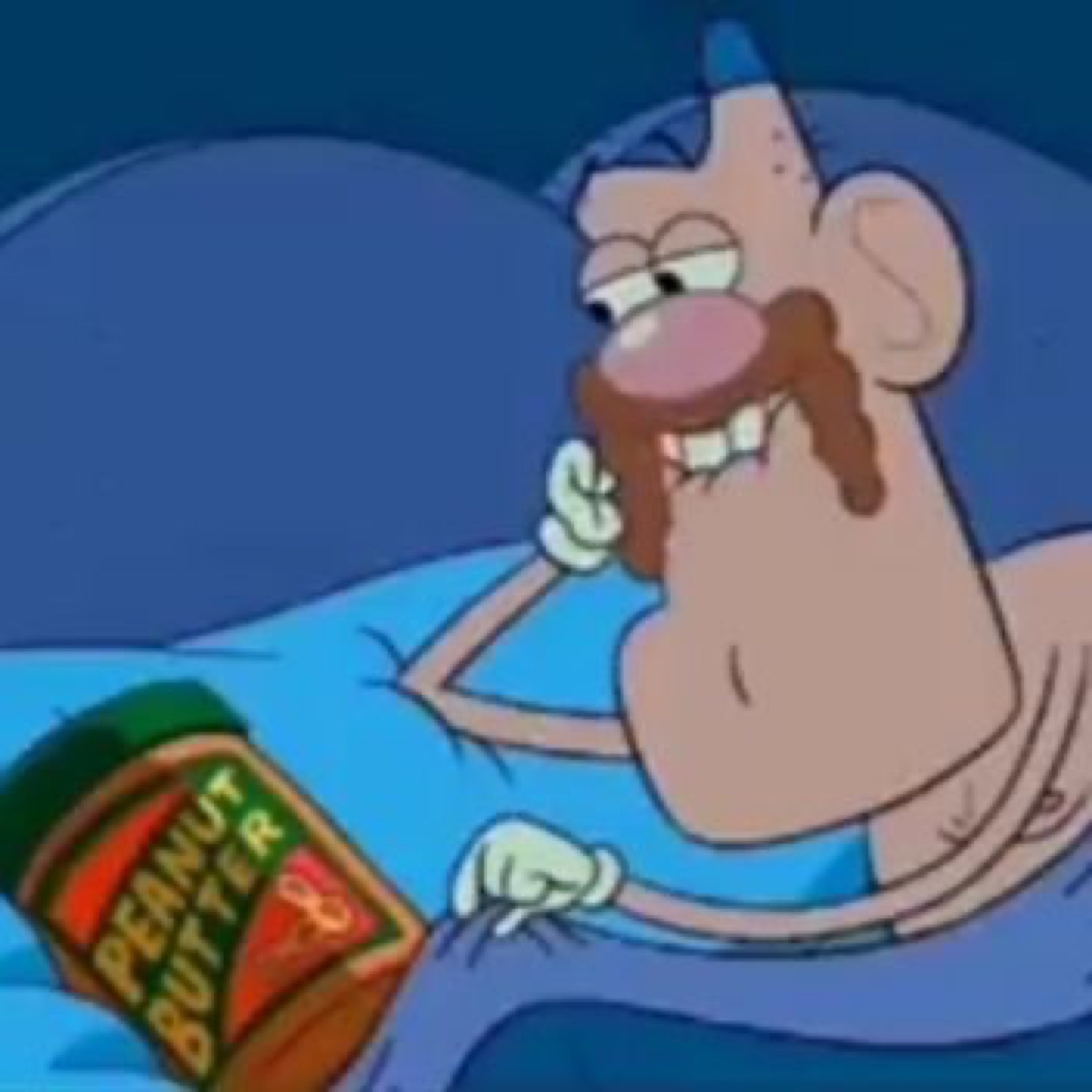 Uncle Grandpa lying in bed with a jar of peanut butter and a sly grin