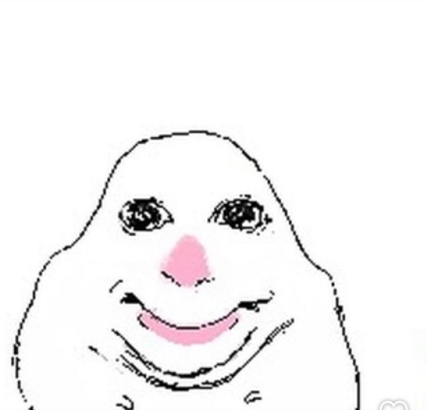 Wojak-style blob creature with a rosy nose and a knowing smug smile