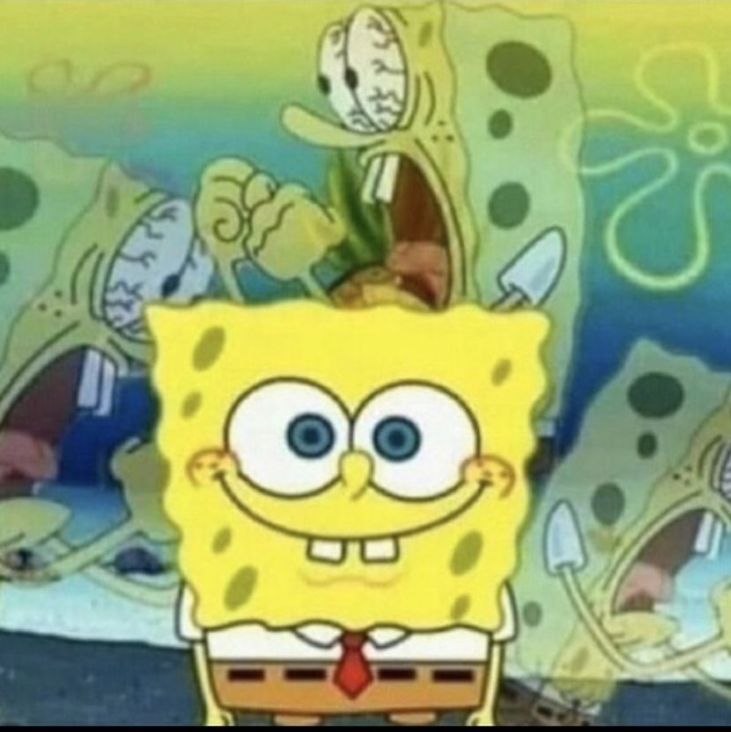 SpongeBob smiling calmly in front of a crowd of screaming panicked fish