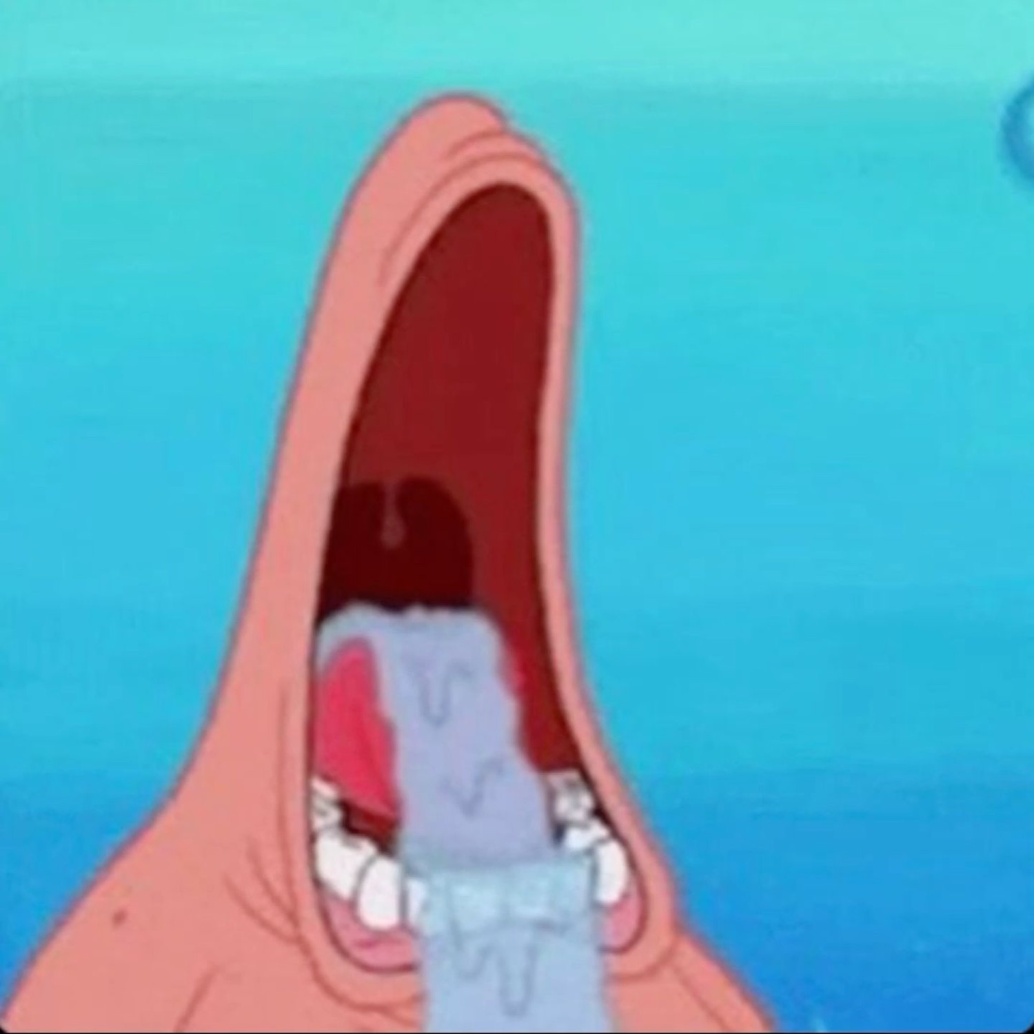 Patrick Star with his mouth stretched open in a goofy scream