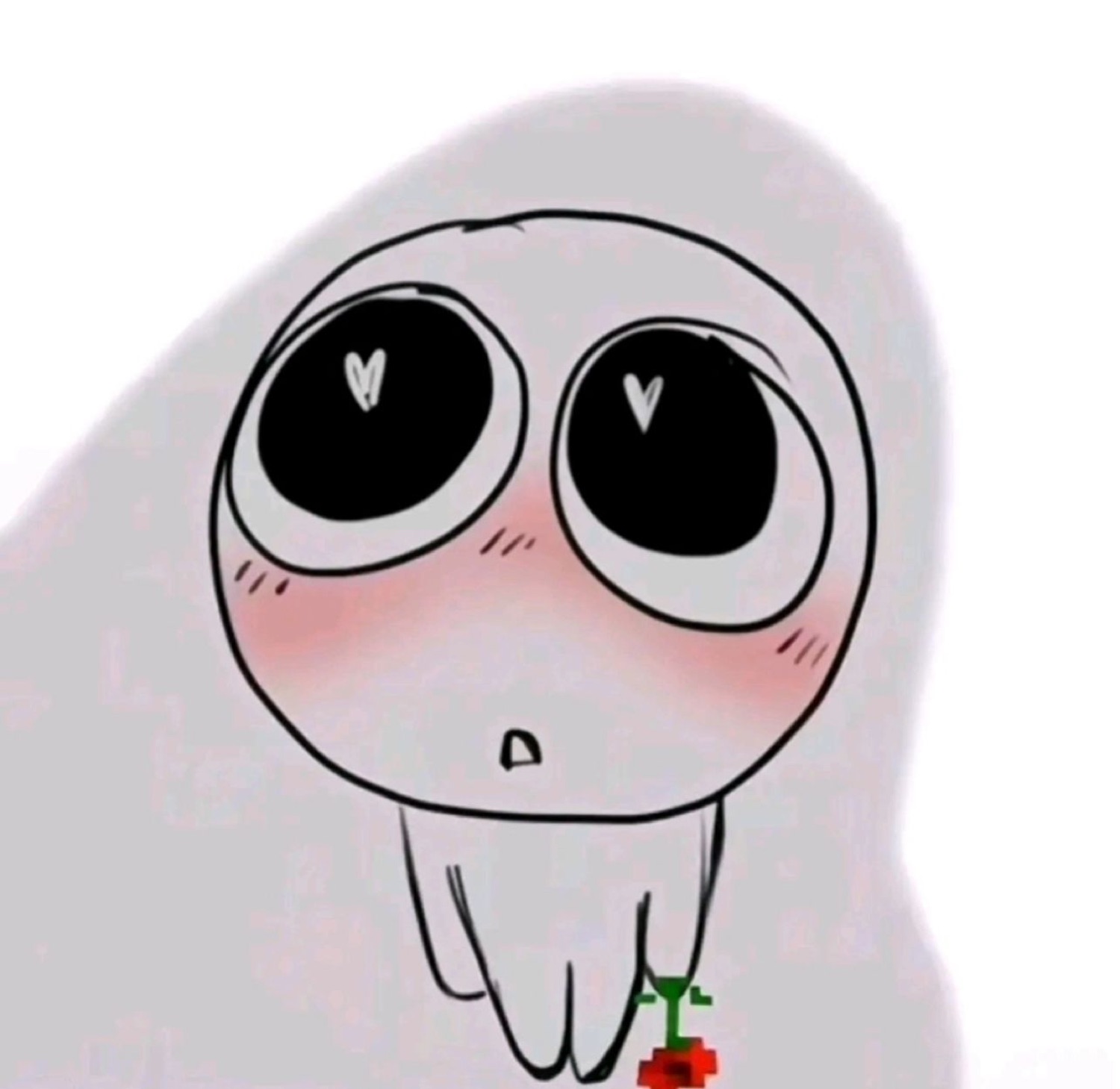 Blushing cartoon blob with heart-filled eyes holding out a tiny red rose