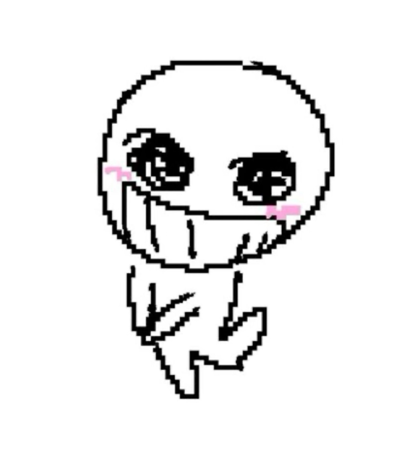 Pixel art chibi figure skipping with a wide grin and rosy cheeks