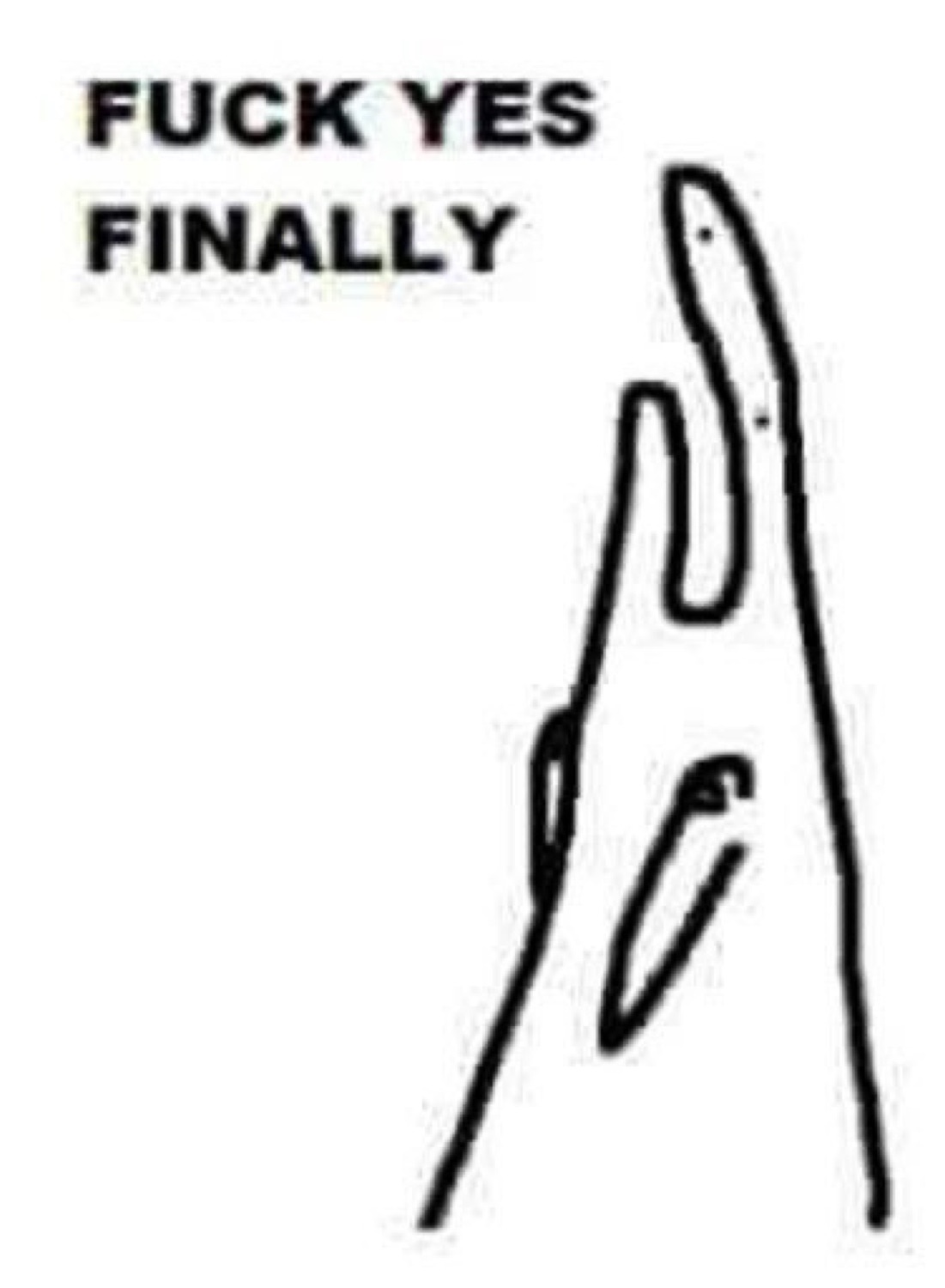 Doodle of two hands raised in praise: 'FUCK YES FINALLY'