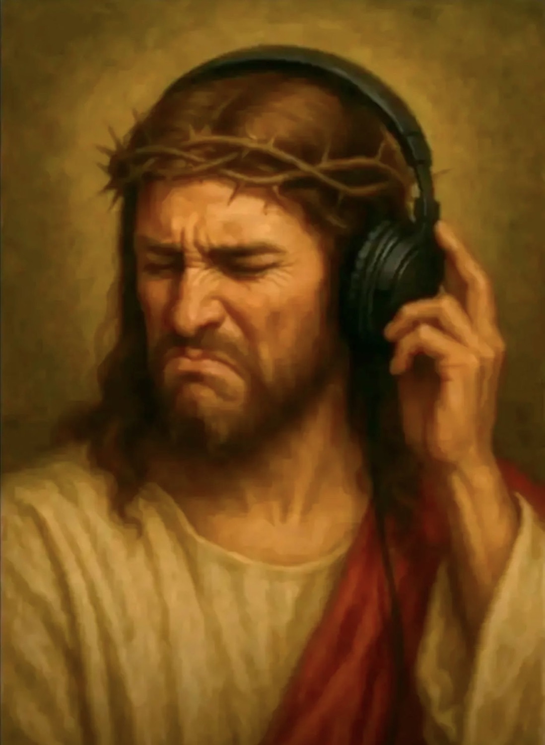 Painting of Jesus vibing with headphones on