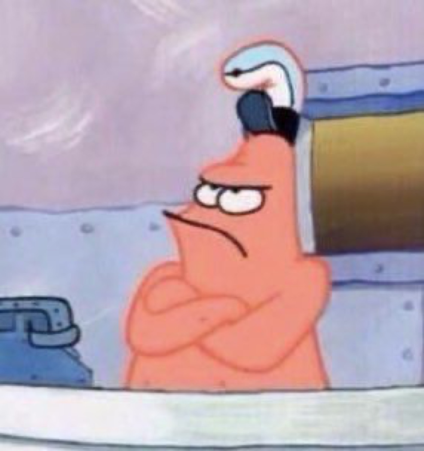 Patrick Star on the phone with arms crossed and an annoyed, over-it glare