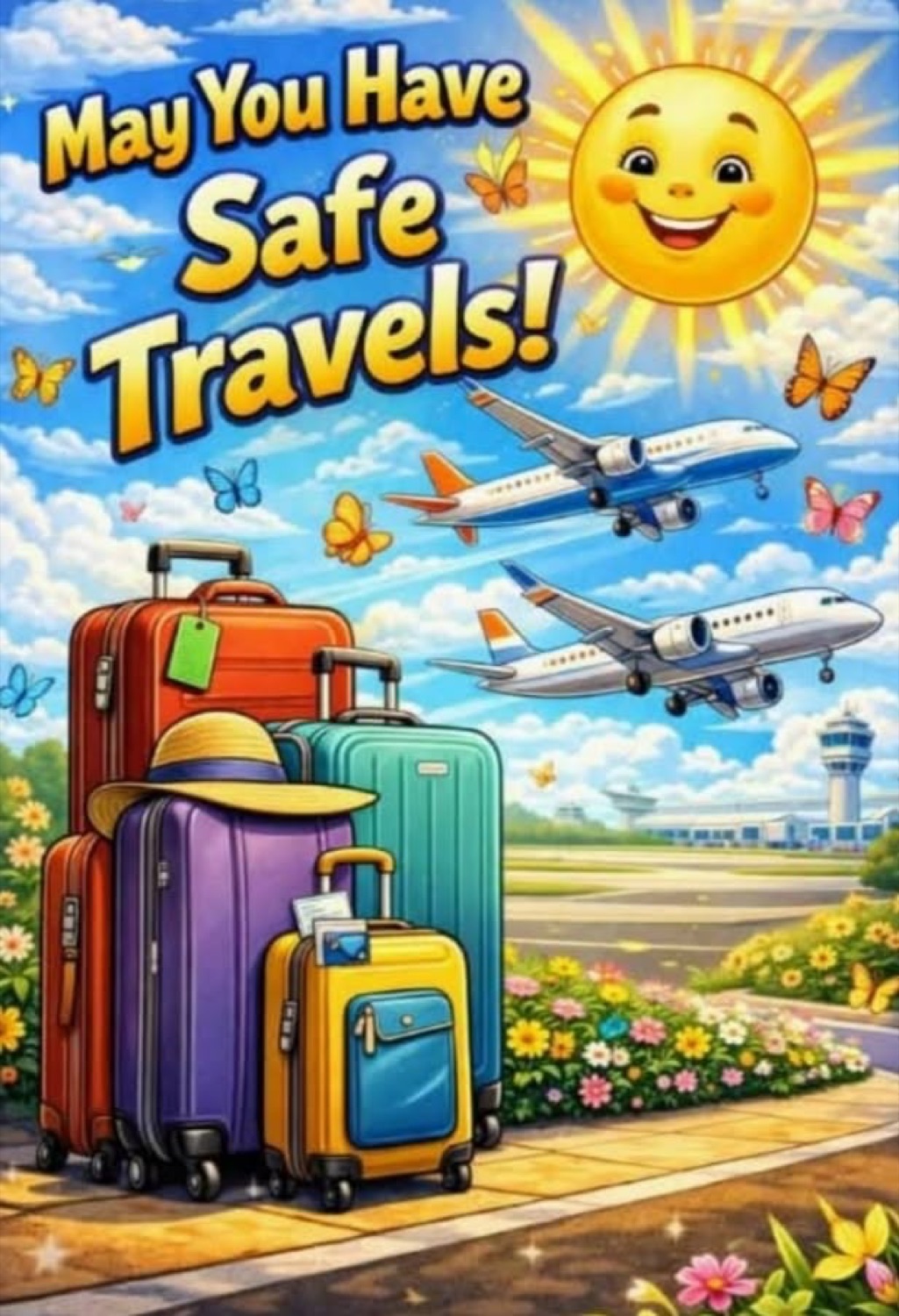 Suitcases and planes under a smiling sun: 'May You Have Safe Travels!'
