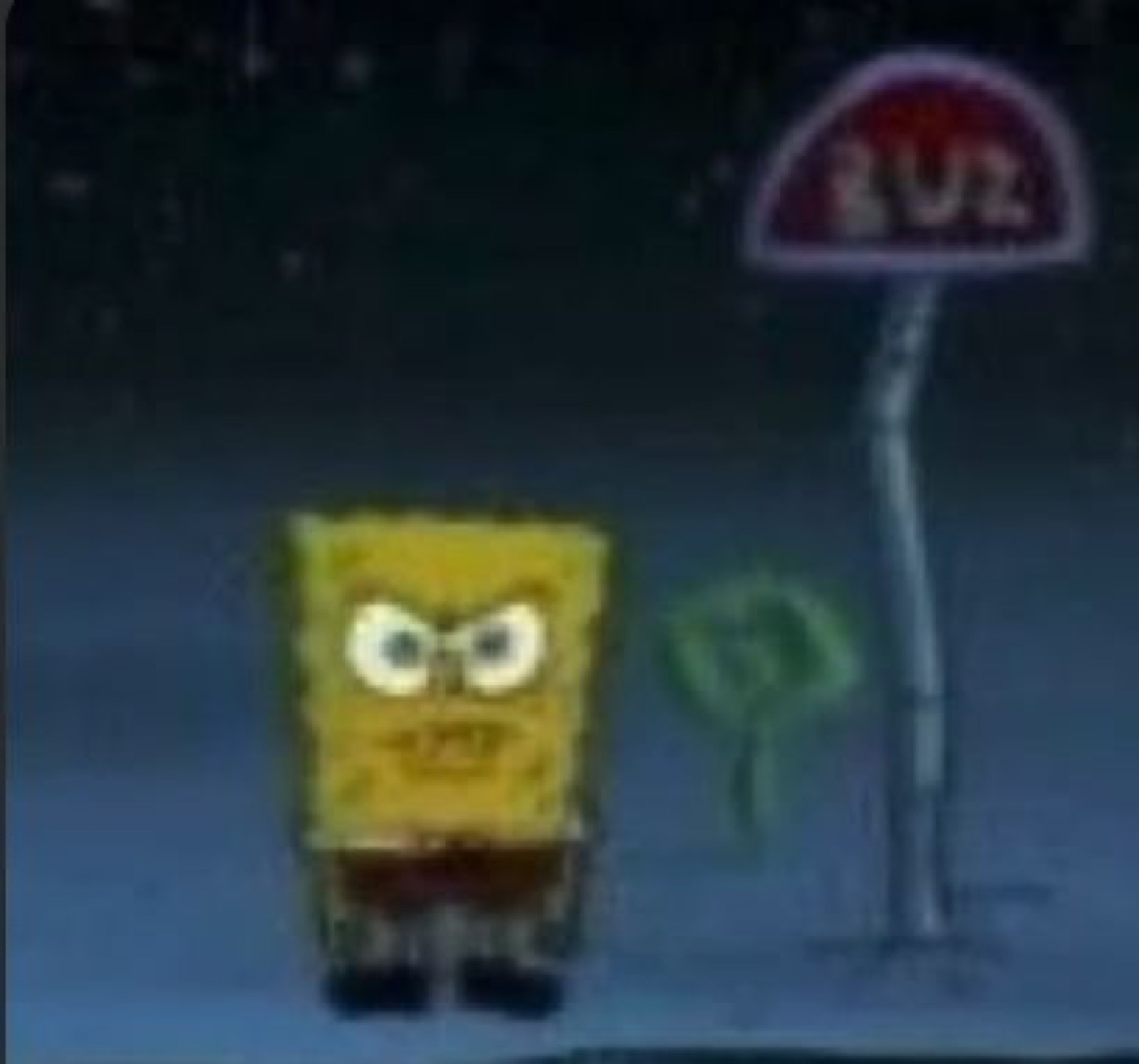 SpongeBob glaring angrily at night beside a bus stop sign