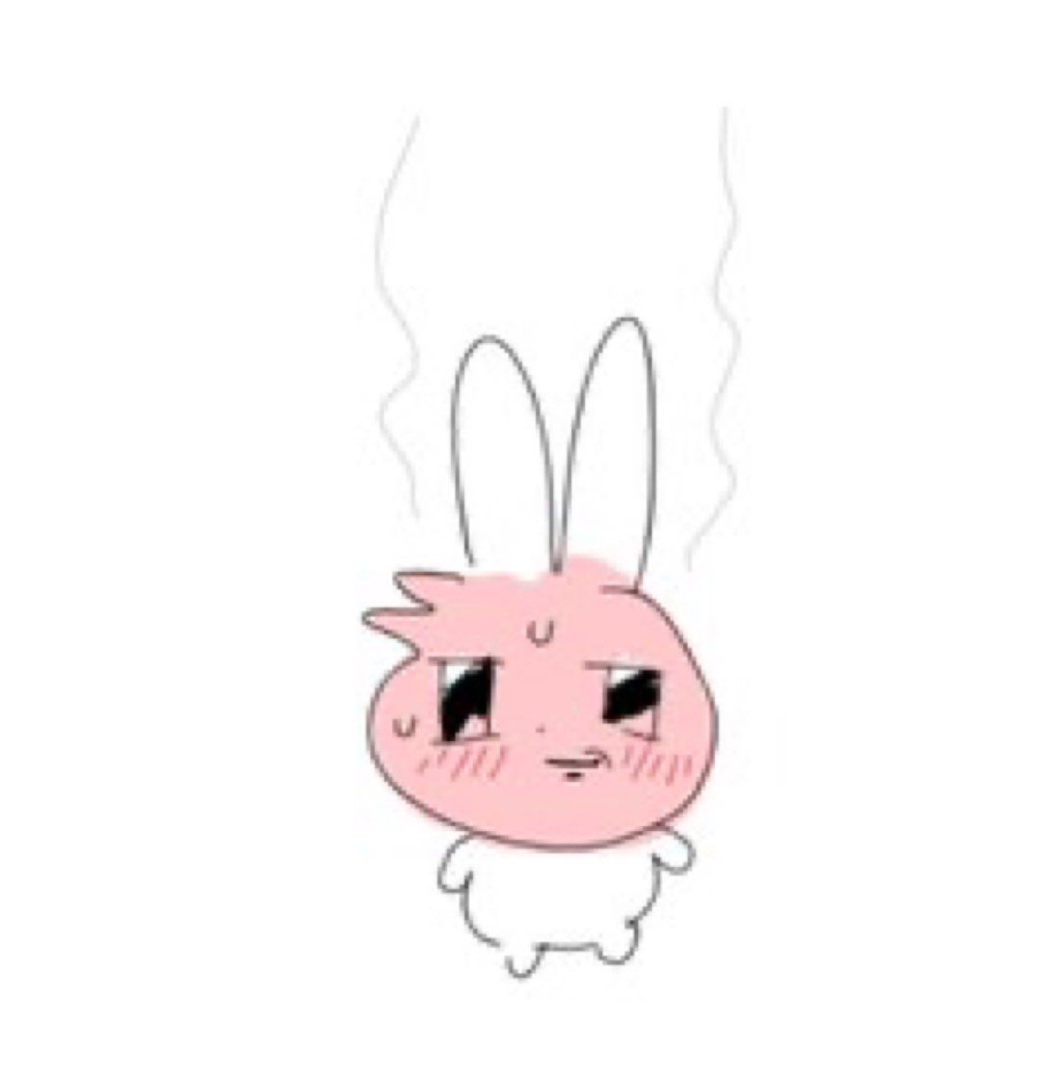 Tiny pink cartoon bunny with dark hollow eyes and steam lines looking exhausted and done
