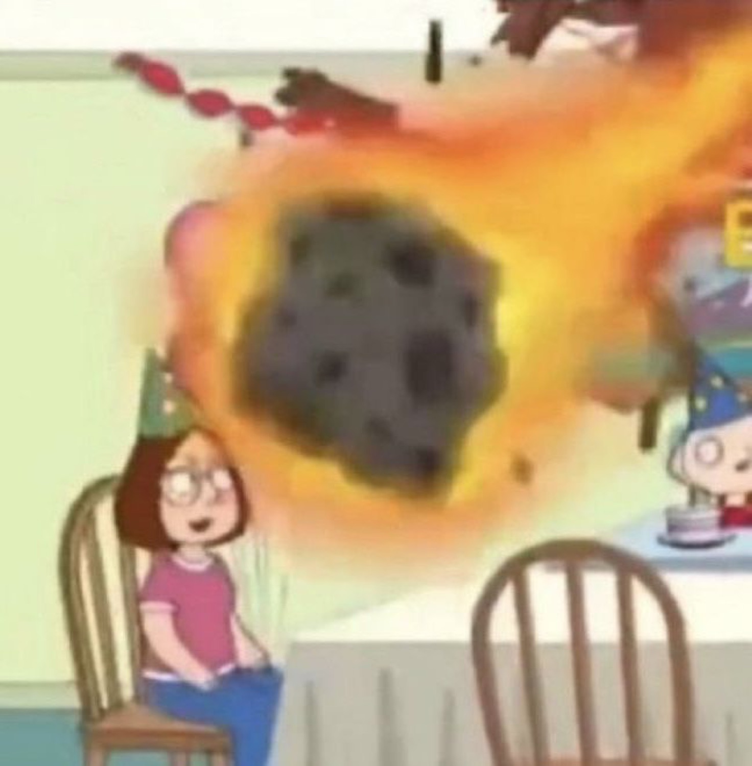 Flaming meteor about to hit Meg's birthday party in Family Guy
