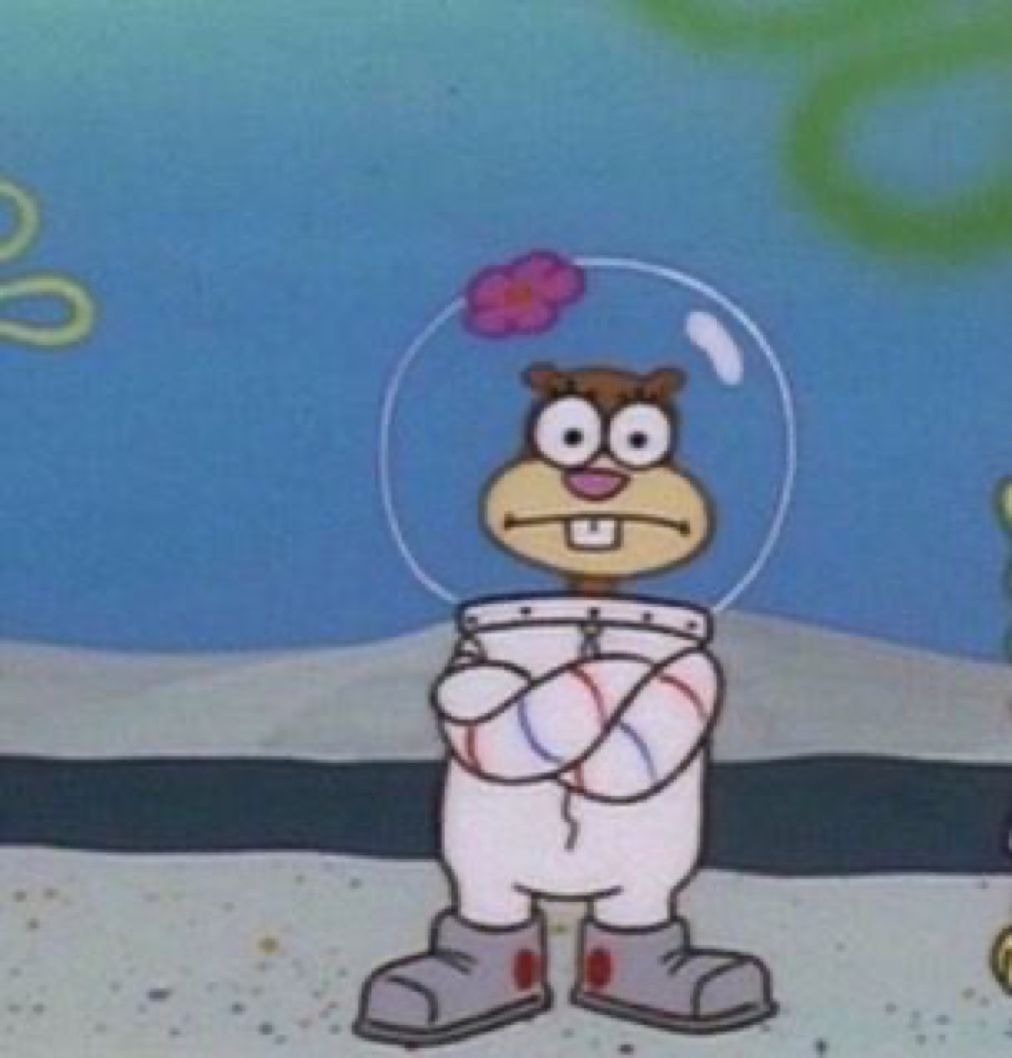 Sandy Cheeks standing arms-crossed in her suit with a flat, annoyed frown