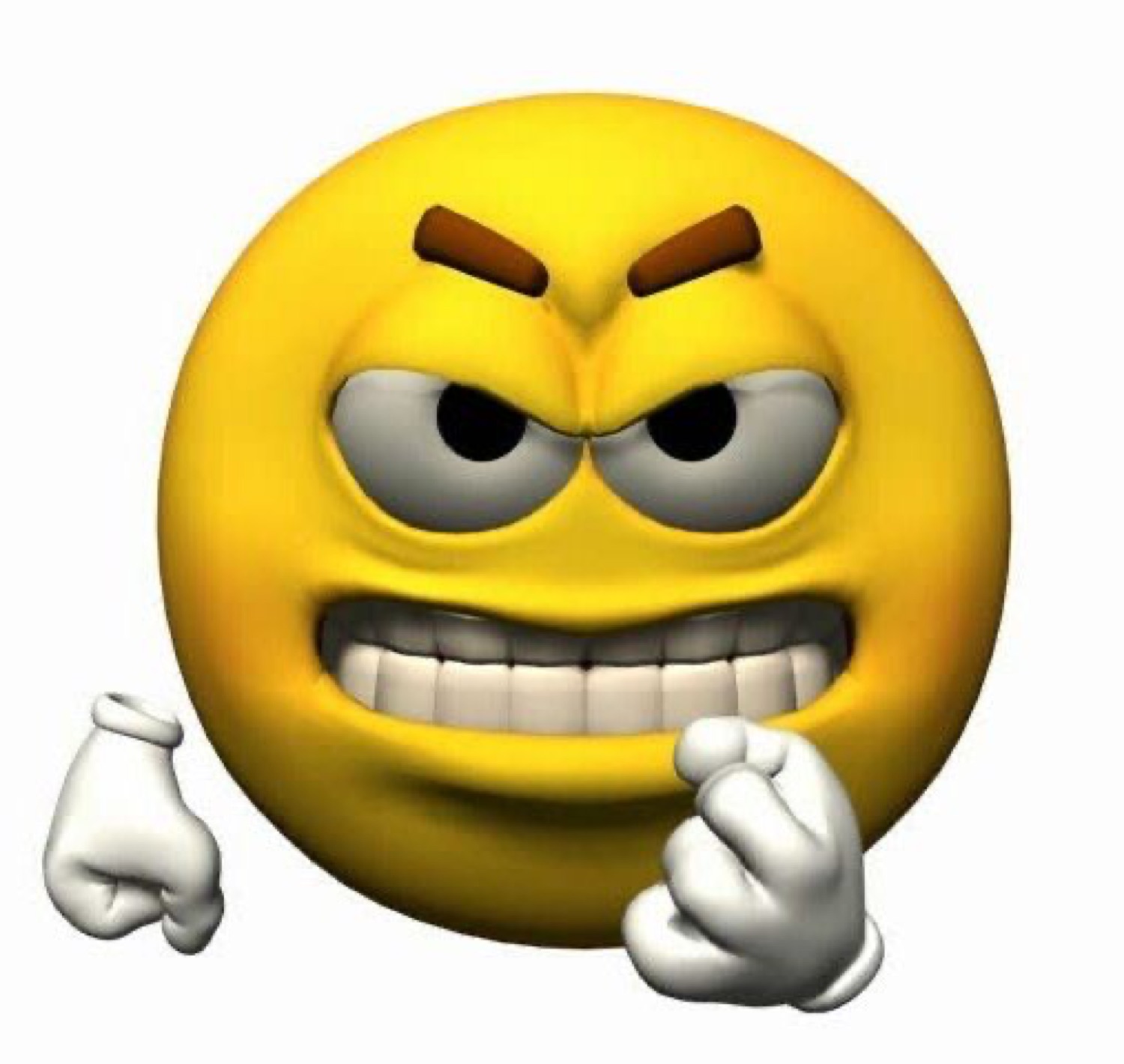 3D animated angry yellow emoji face clenching fists with furrowed brows and bared teeth