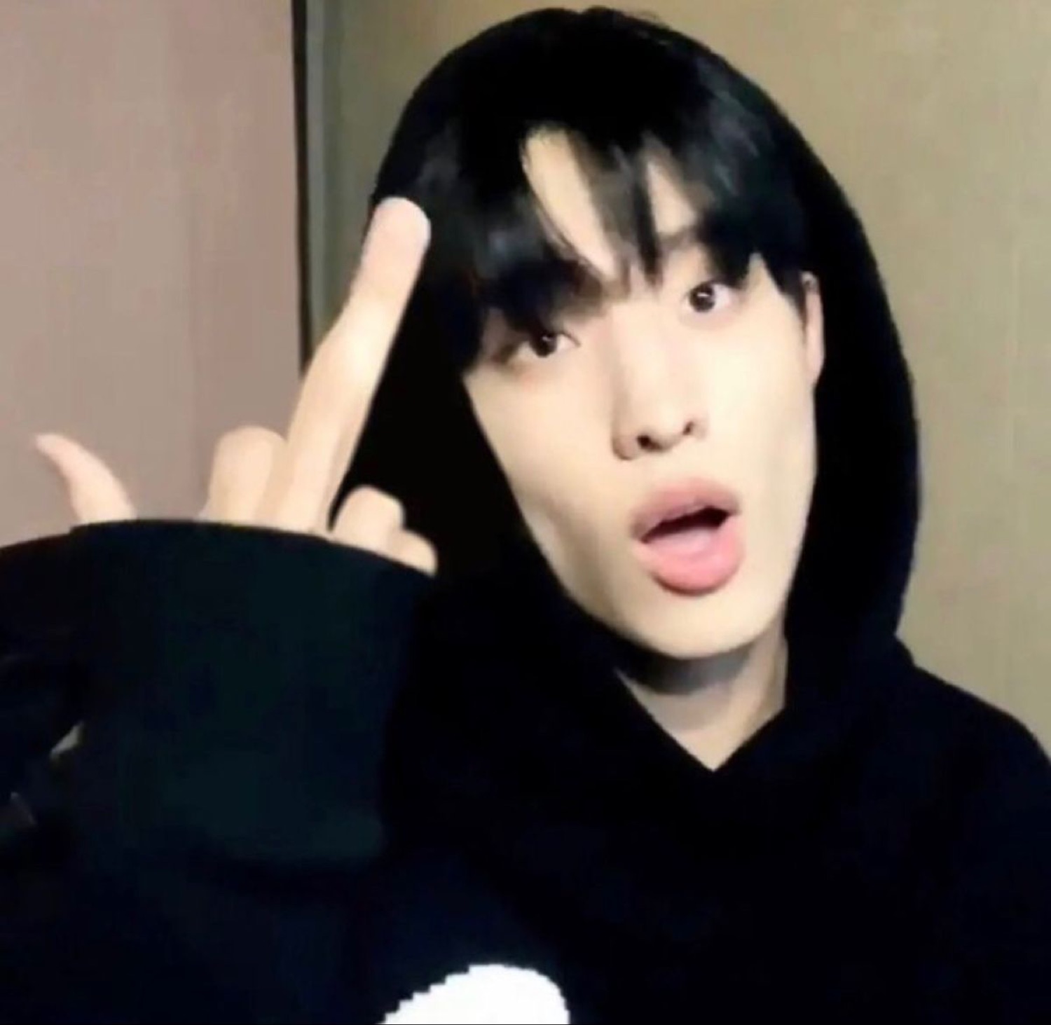 Young person in a black hoodie raising a middle finger with a blank stare