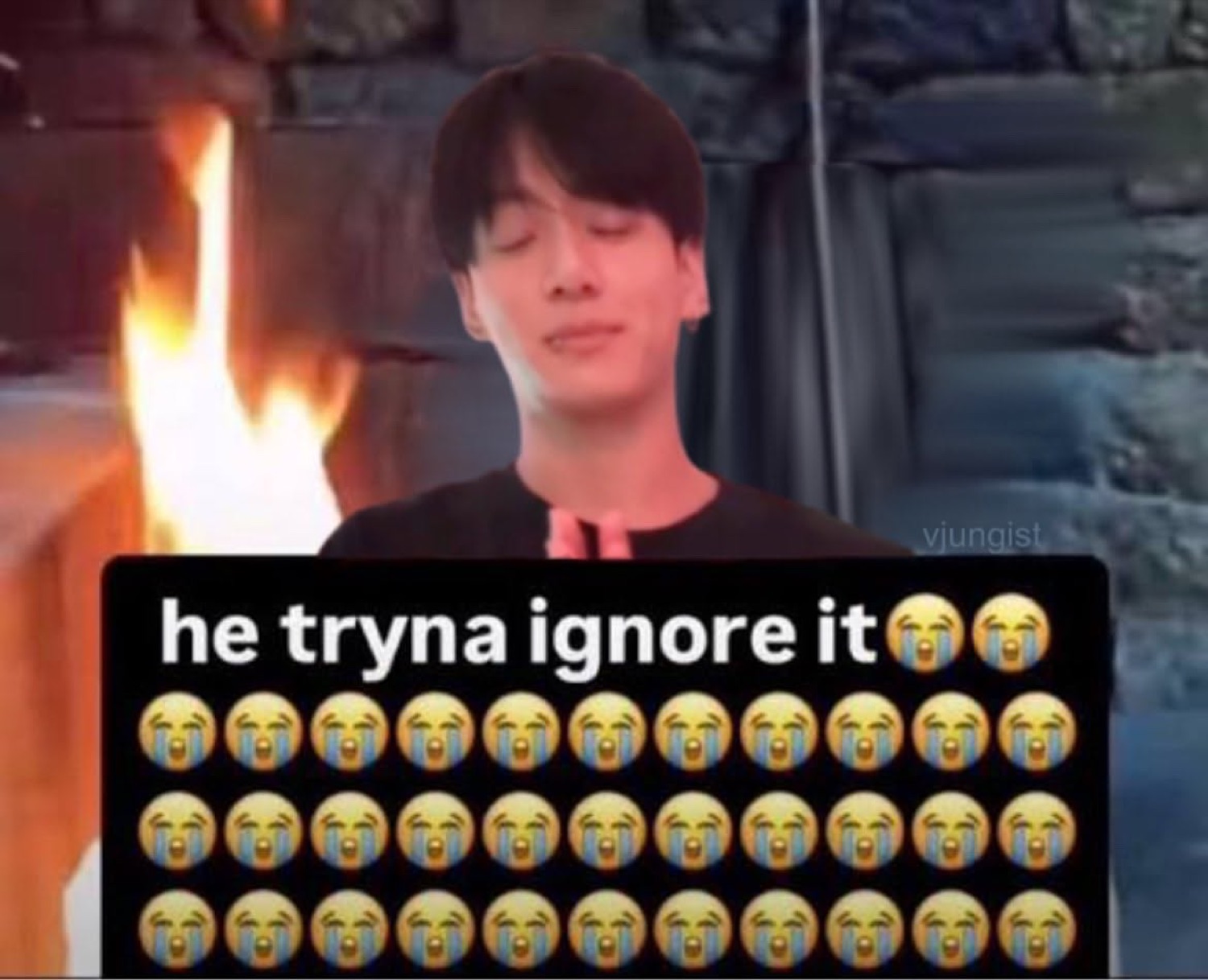 Guy by a fireplace with his eyes shut, captioned 'he tryna ignore it😭😭'