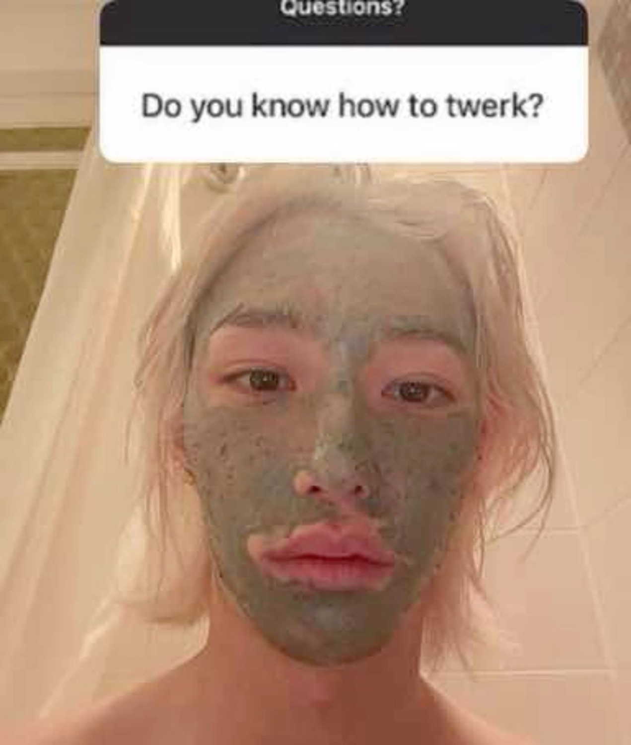 Person with clay face mask staring blankly at a Q&A asking 'Do you know how to twerk?'