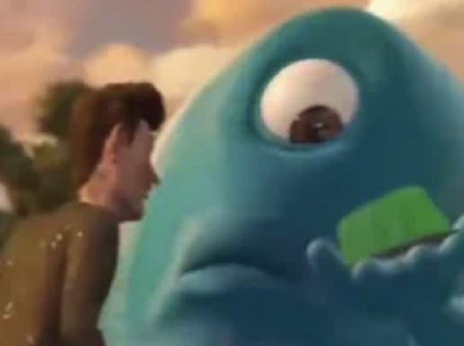 Blue animated fish character staring sideways with an utterly done, hollow expression