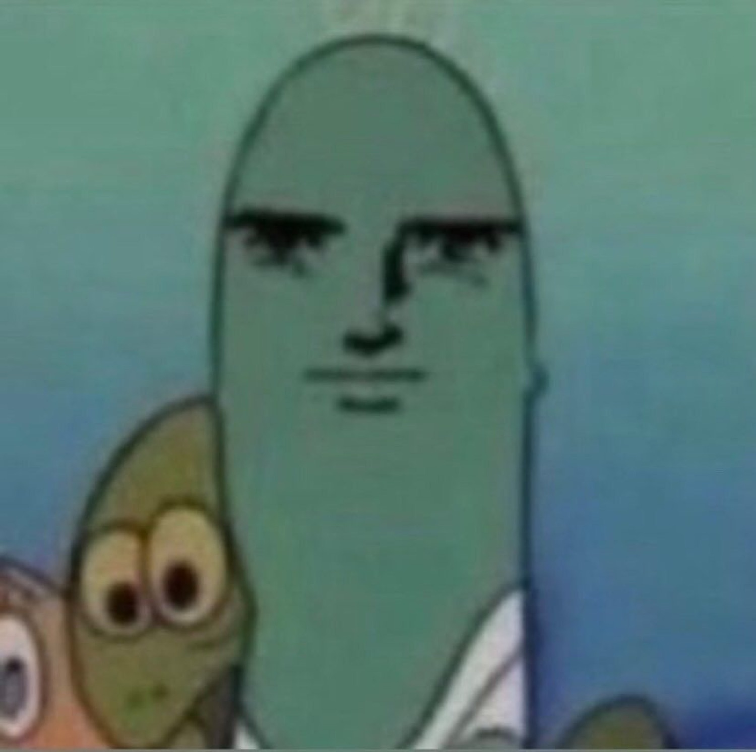 SpongeBob fish character with a realistic human face grafted on, looking utterly blank