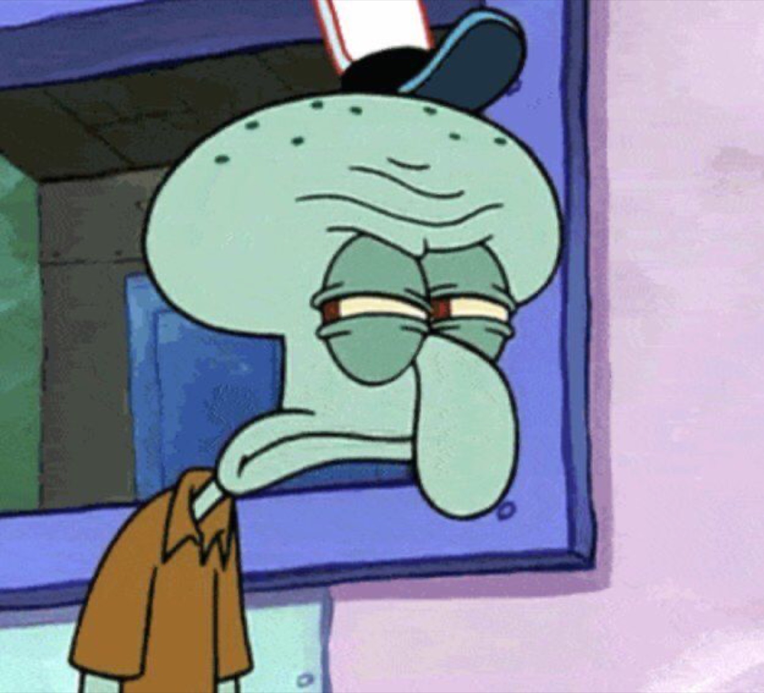 Squidward peering out his window with heavy-lidded eyes, looking completely done